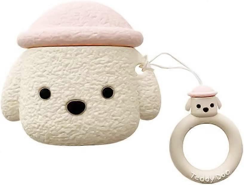 Airpods 1&2用ケース、かわいいピンクの帽子テディソフトシリコンケース耐衝撃性、女性、女の子、子供のための紛失防止リング付き