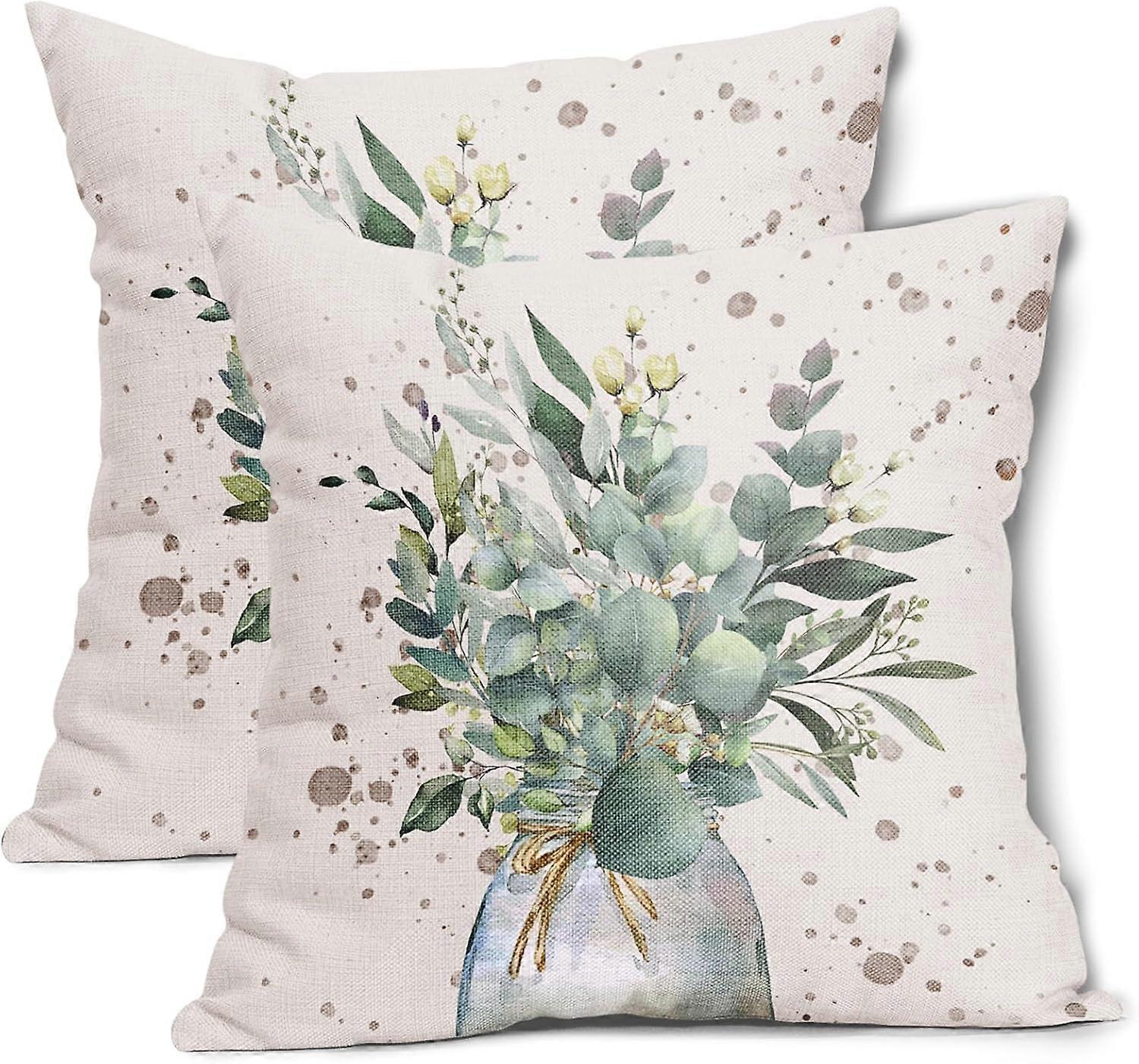 مجموعة غطاء وسادة أوراق الأوكالبتوس الأخضر من 2 16x16 بوصة ربيع وصيف مزرعة قطن كتان زخرفية رمي وسادة كيس ربيع في الهواء الطلق وسادة كوف