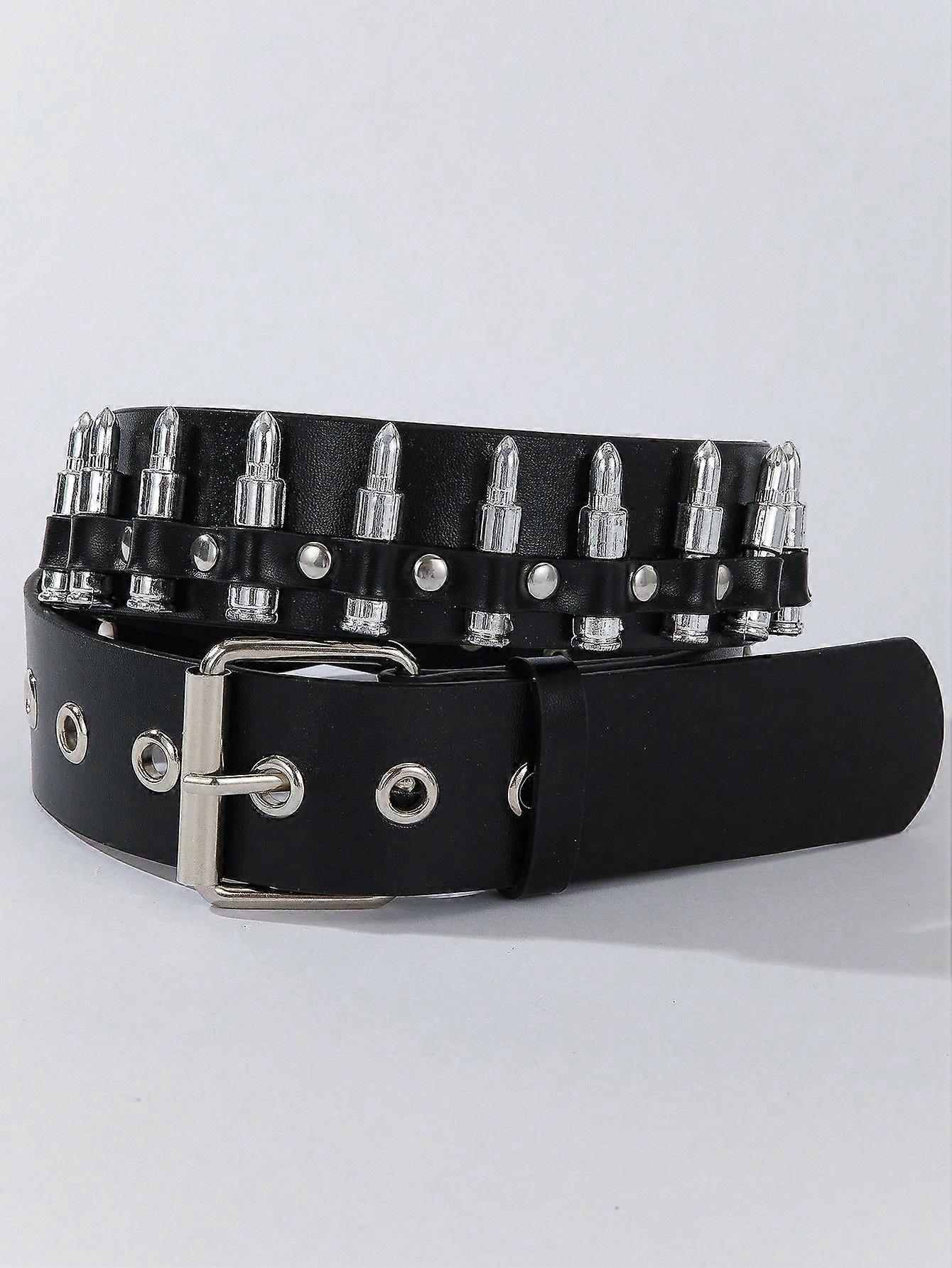 1pc Men's Black Bullet-Shaped Buckle Faux Leather Belt, Leopard Print Bullet-Shaped Belt, White Leopard Print Bullet-Shaped Belt, Punk Decor Casual Be