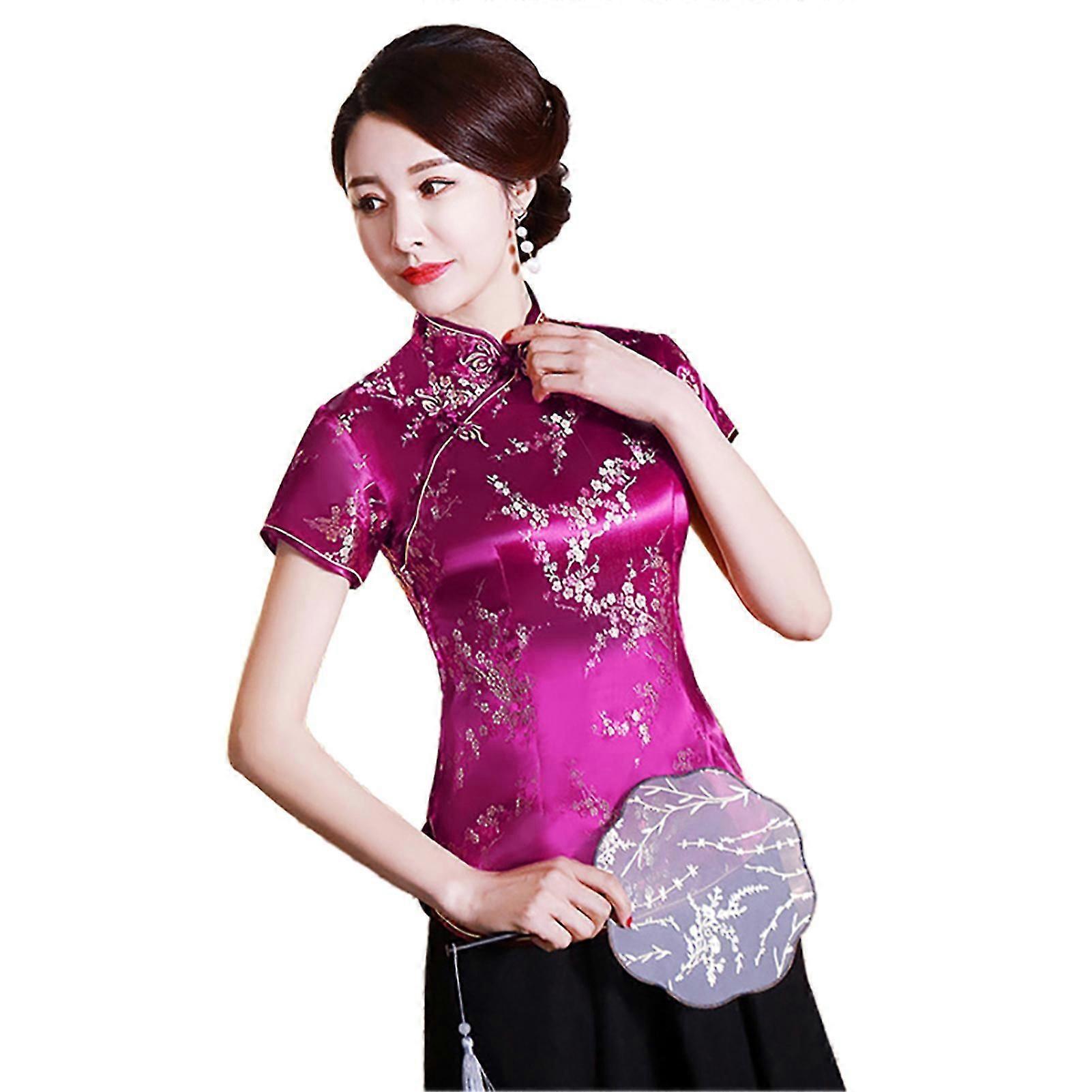 女性中国の梅の花半袖スタンドカラーボタンスリムブラウスシャツ-ZY