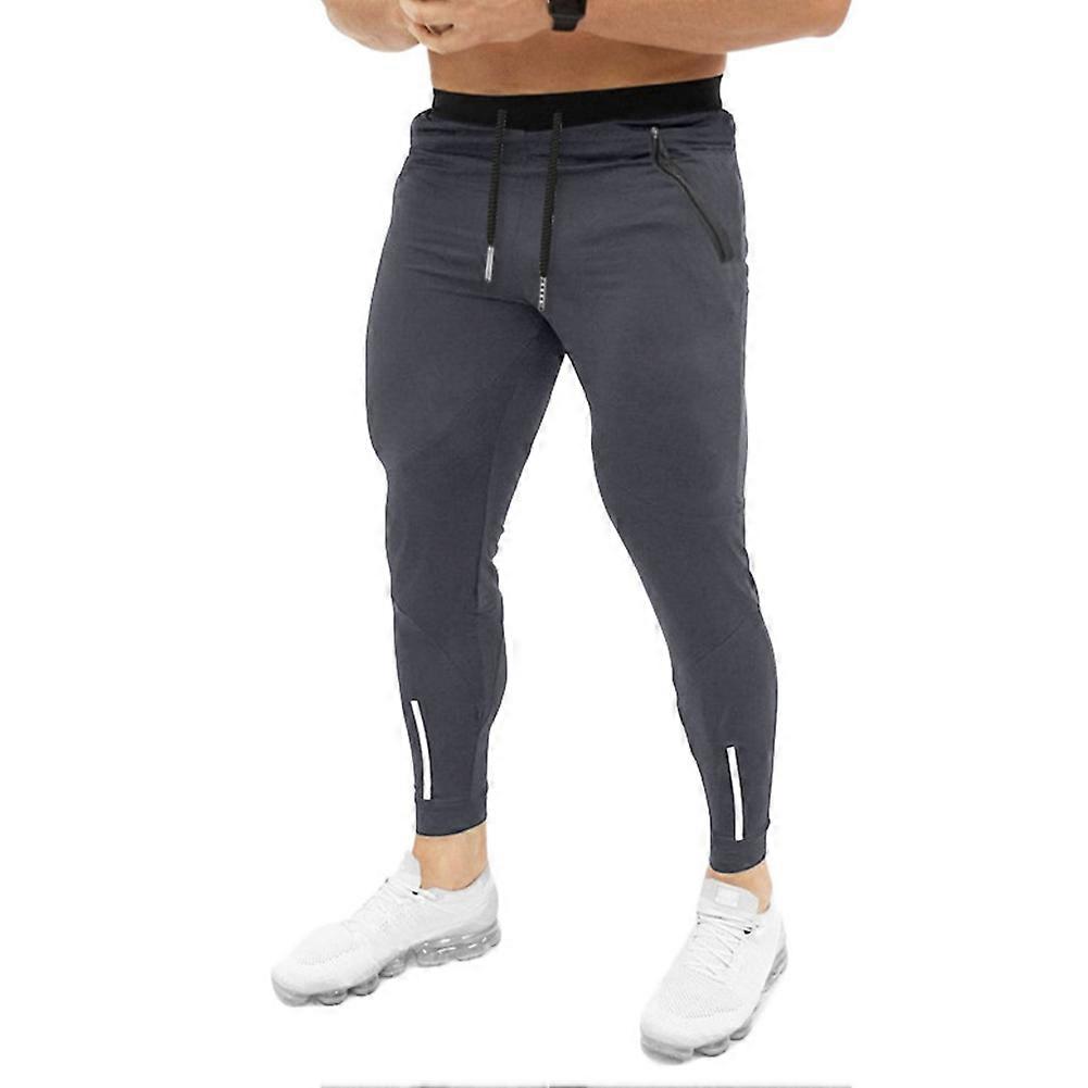 Casual Men Sports Pants Drawstring Waistband Solid Color Trousers with Pockets (Dark Gray L)