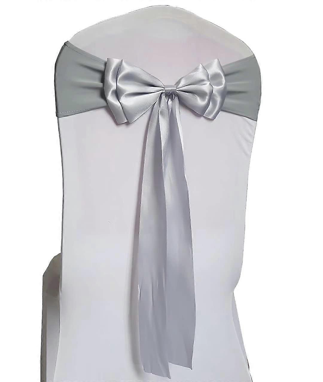 6Pcs Grey Stretch Chair Sashes with Double Bows, Elastic Fabric for Wedding and Party Decorations
