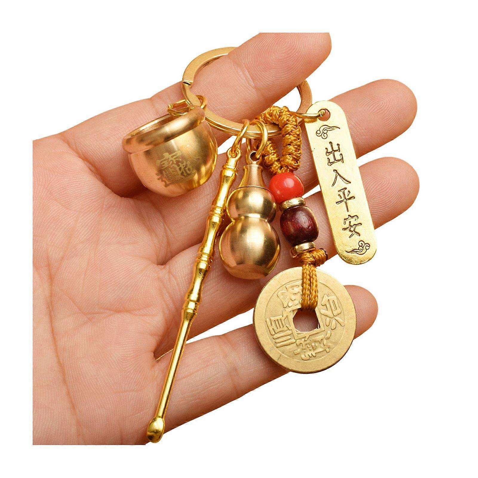 Vintage Lucky Gourd Keychain Pendant Solid Brass Coins Purse Keychain Charm Feng Shui Keyring Wealth-Attracting Key Holder