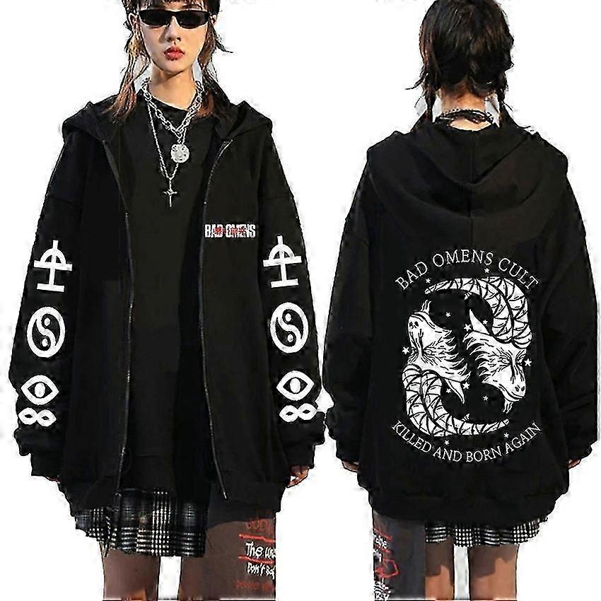 Rock Band Bad Omens Cult Killed and Born Again Moletom com Capuz e Zíper com Estampa Dupla Face para Homens e Mulheres Vintage Punk Gótico Jaqueta com Zíper