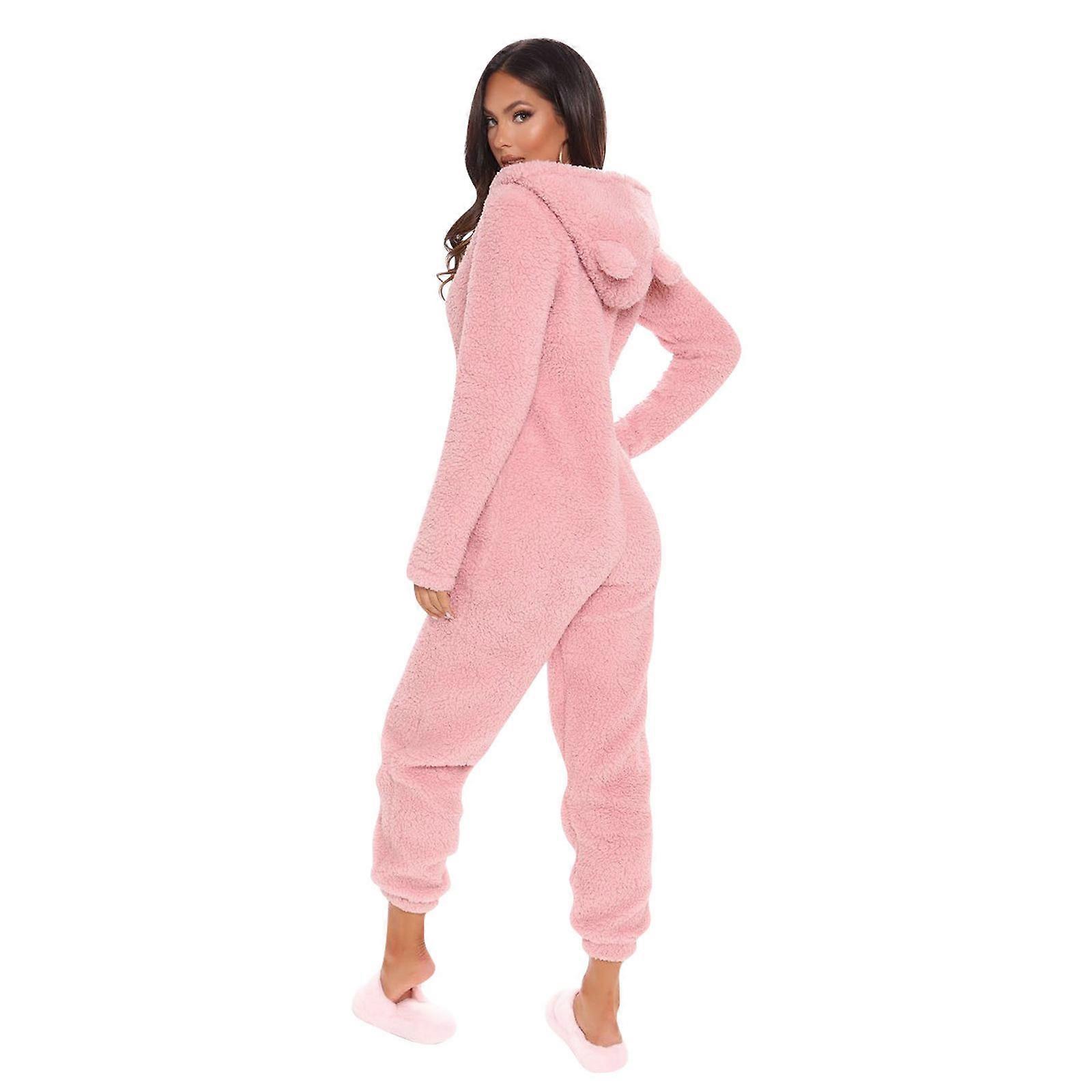 Womens Cute Bear Ear Fleece Romper Onesie Pajamas Zipper Up Hooded