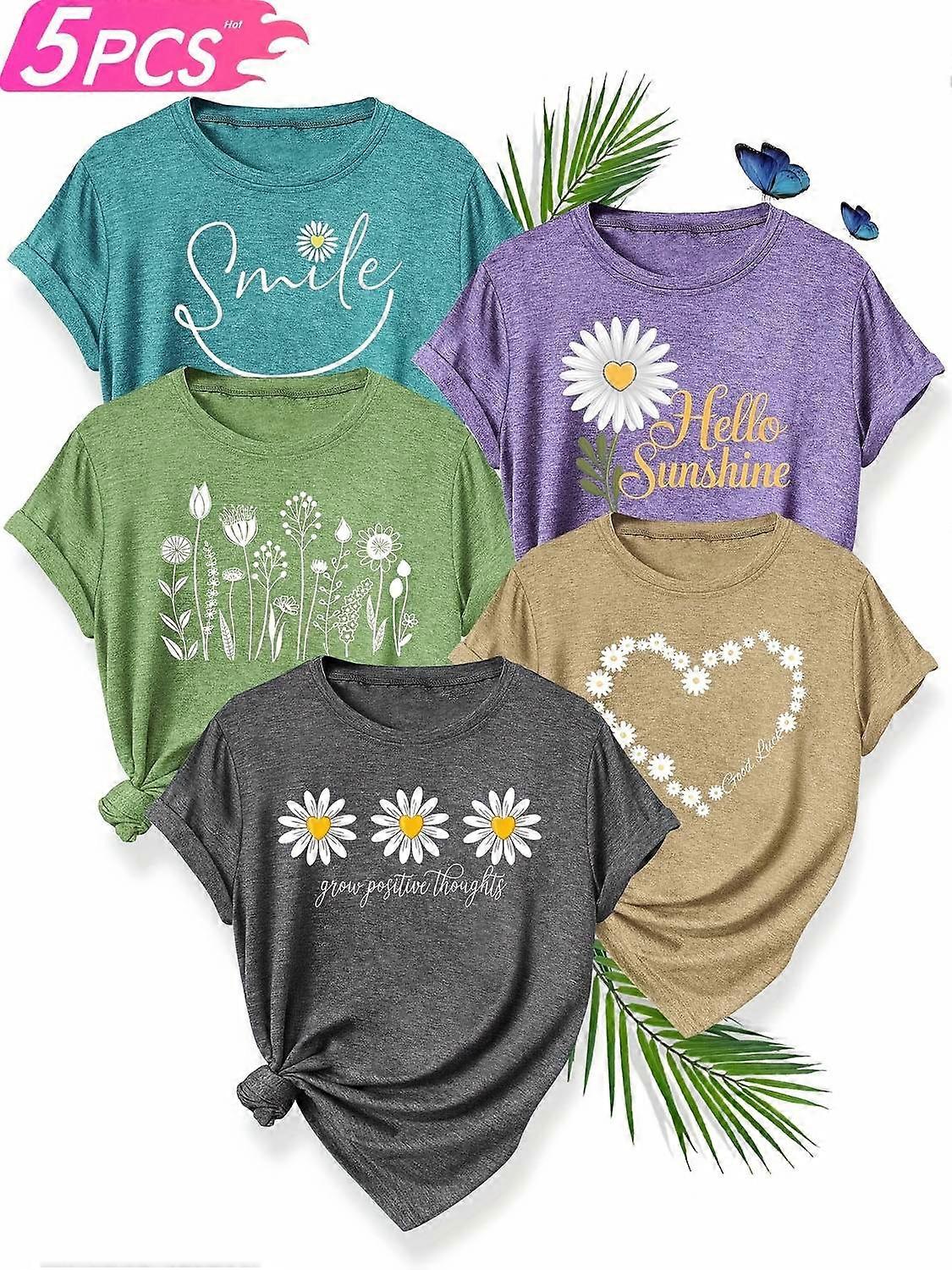 5pcs Γυναικεία S Casual Crew Neck Short Sleeve T-Shirts - Floral Καρδιά και Smile Print Σχέδια σε μωβ