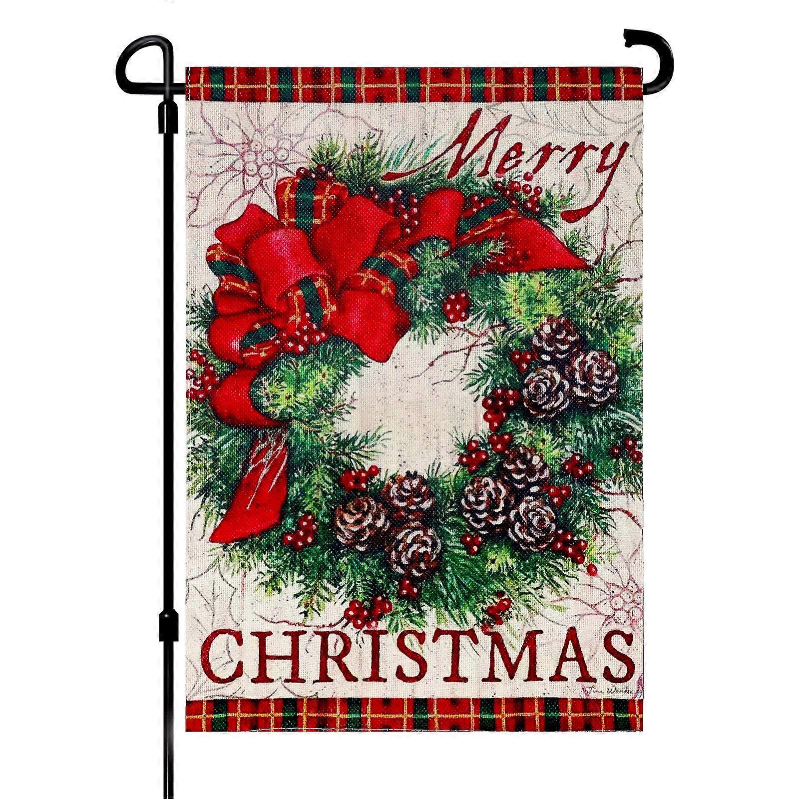 Garden Wreath Flag Merry Christmas Double Sided Burlap Plaid Edge Decorative Burlap for Winter Outdoor Decorations 12x18 Inch
