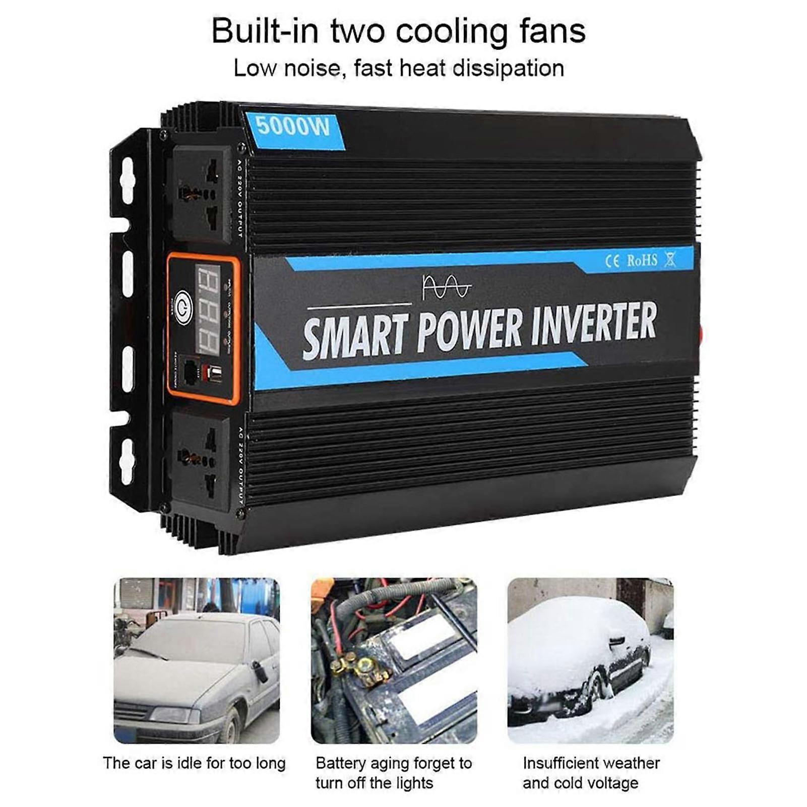 Onduleur 5000 W à onde sinusoïdale modifiée, 12 V CC, 220 V CA, puissance de crête 10 000 W, pour camping-car
