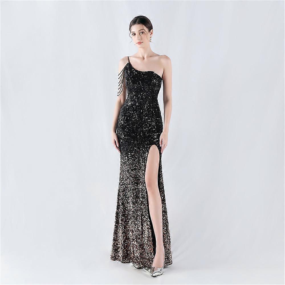 One Shoulder Sequin Long Evening Dress women party clothing side slit dinner dresses backless