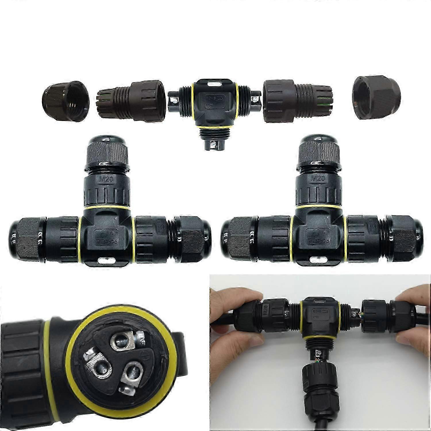 2pc IP68 Waterproof Connector T-Shape/Max 12mm/Connection Cable Socket(3 Pole)