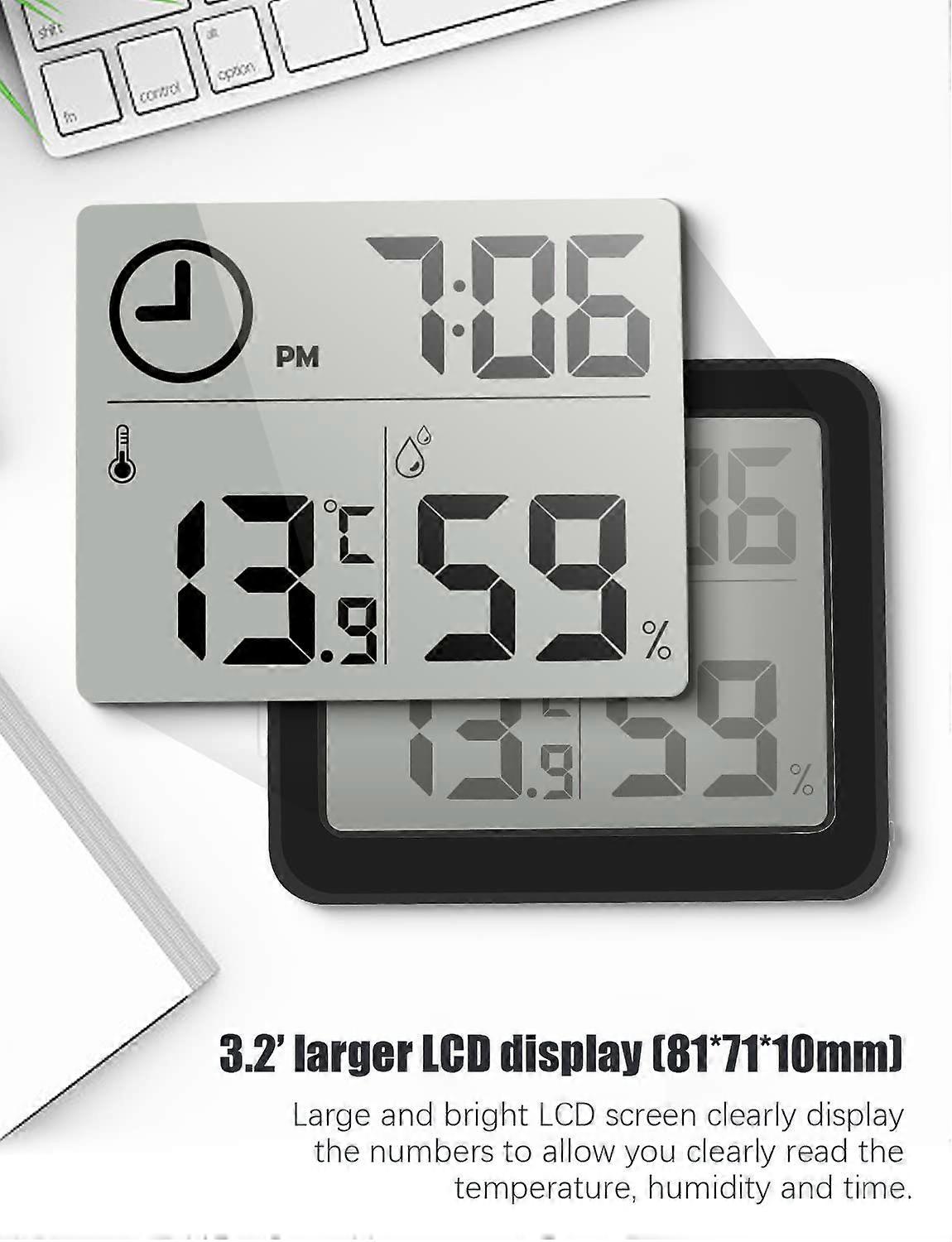 Digital Thermometer/Hygrometer - Large LCD Display Temperature & Humidity Indicator with Clock (Black)