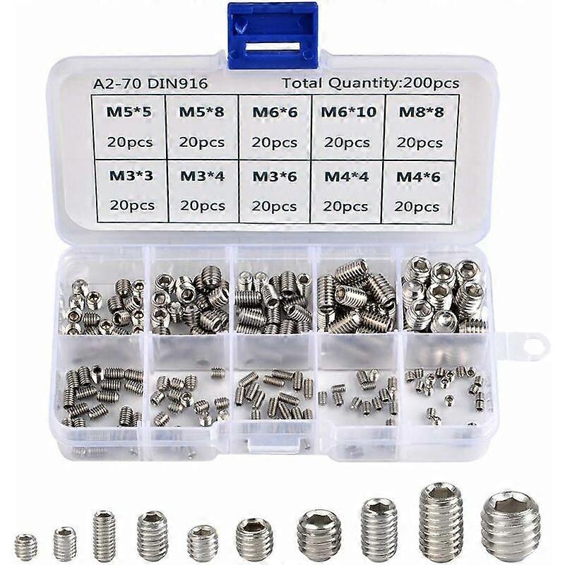200Pcs Allen Screws Stainless Steel Hexagon Headless Screws Set Metric Professional Metal Accessories M3 M4 M5 M6 M8