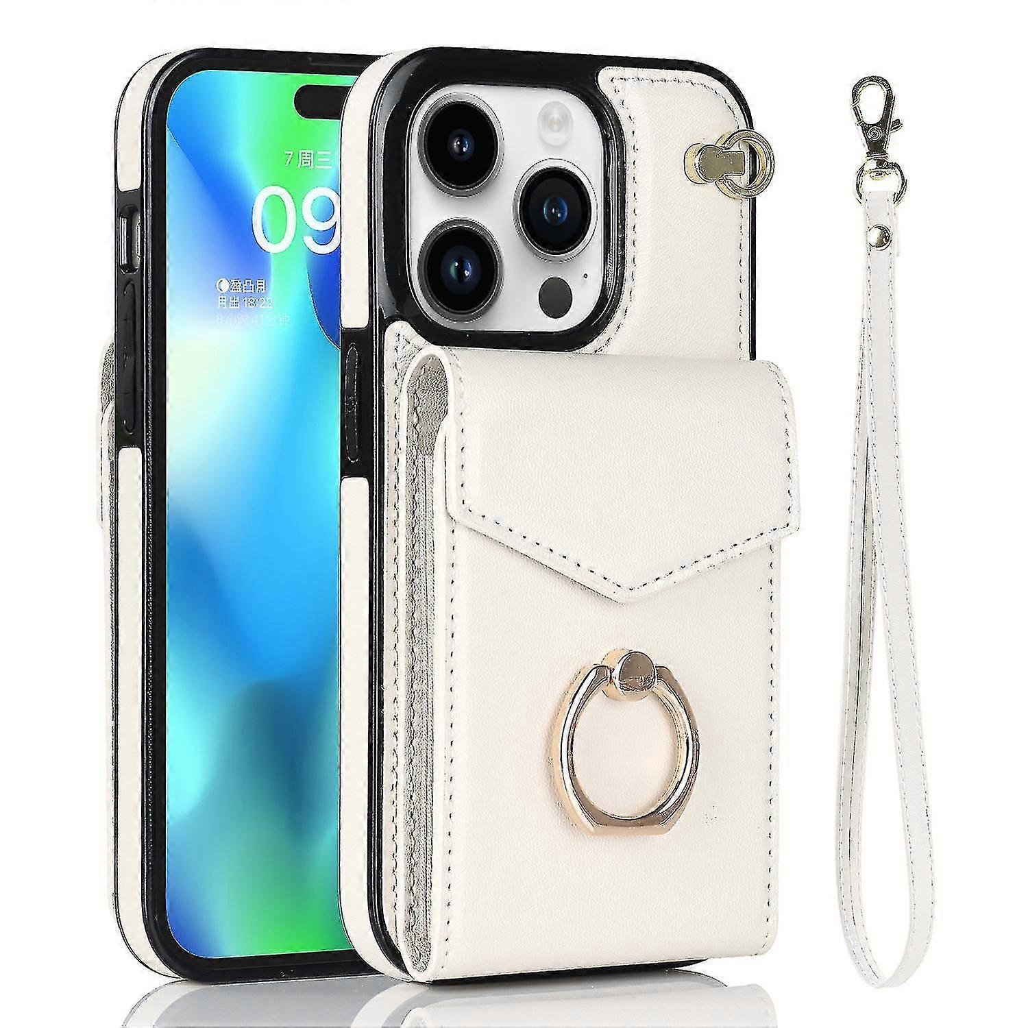 Leather Ring Kickstand Wallet Case Compatible With Iphone 14 Pro Max/14 Pro/14 Plus/14 With Wrist Strap