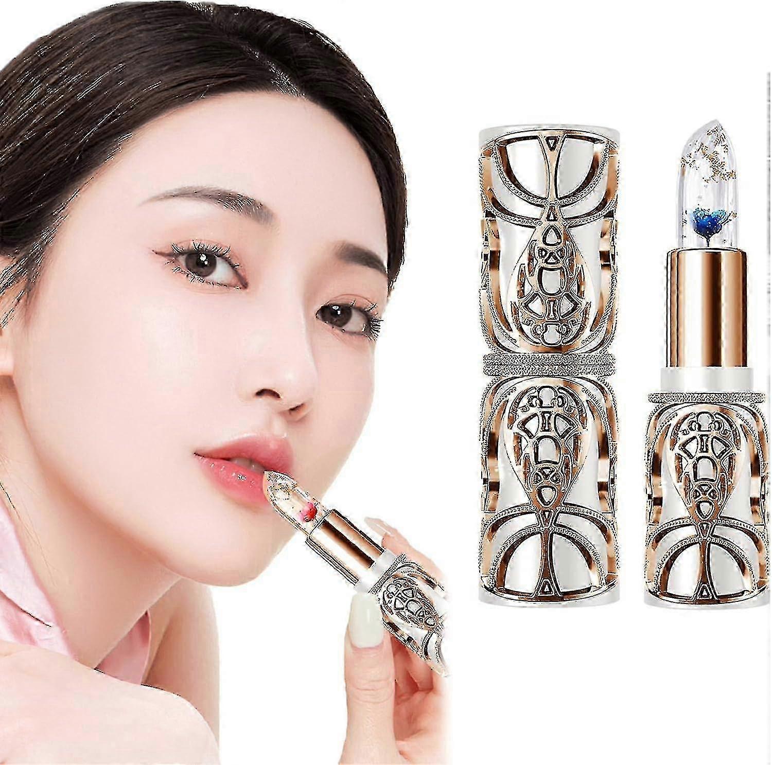 2025 Crystal Jelly Flower Color Changing Lipstick, Clear Lipstick With Flower Inside, Clear Temperature Color Changing Lip Gloss