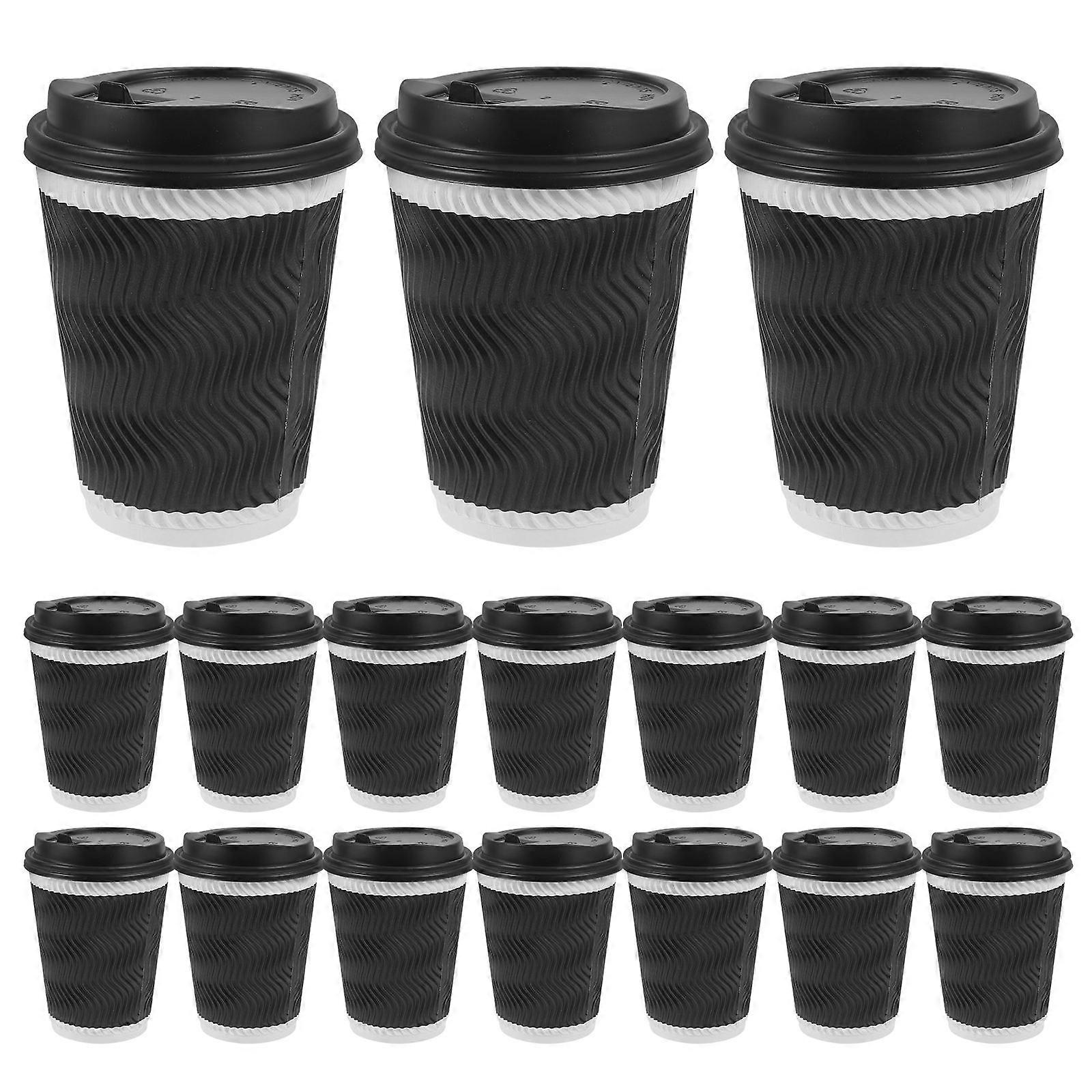 Paper Coffee Cups With Lids Corrugated Paper Coffee Cups For Cafes Heat Insulation Black 50Sets