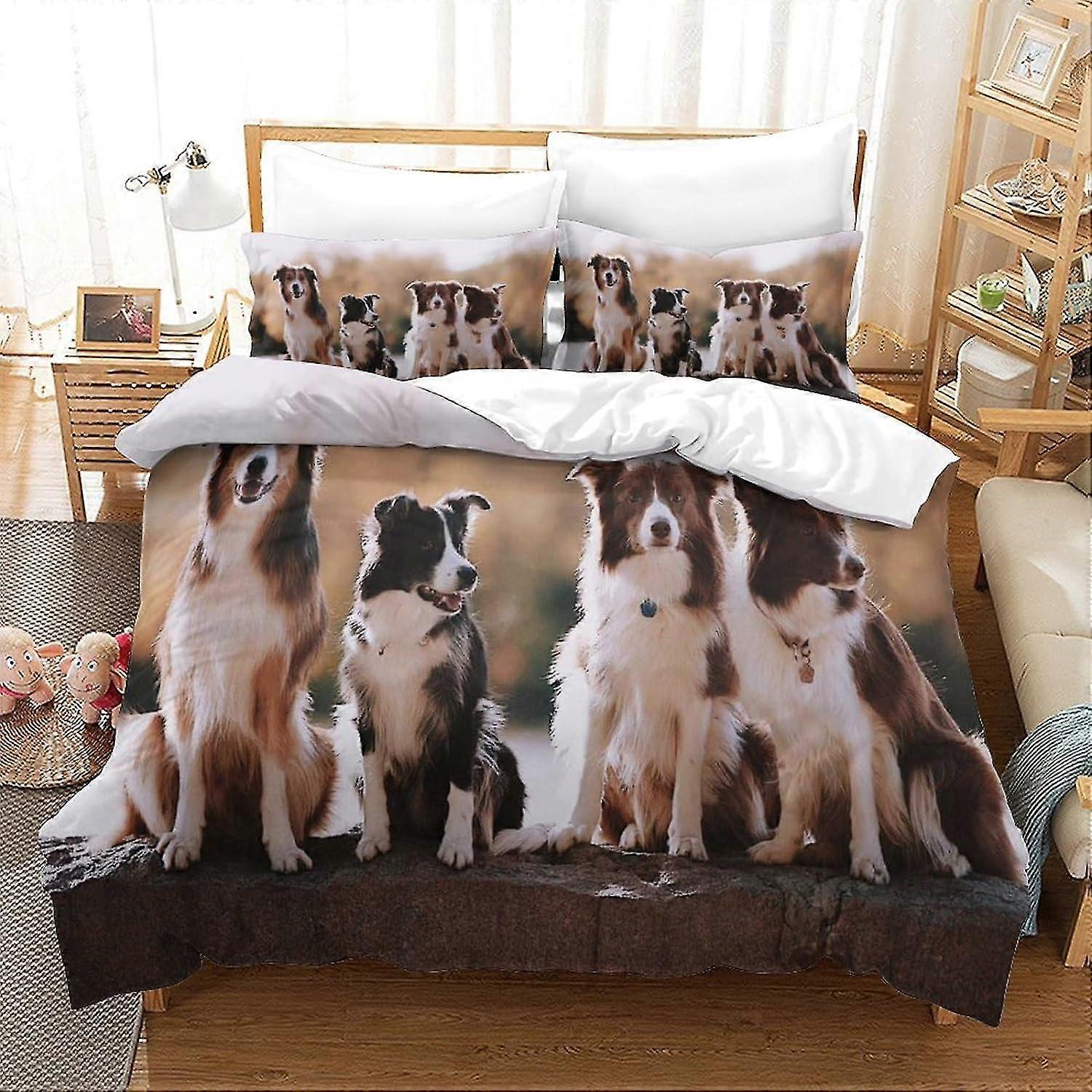 Double Size Bedding Set with Border Collie Print Super Soft Hypoallergenic Microfiber Duvet Cover and Pillowcase with Zipper