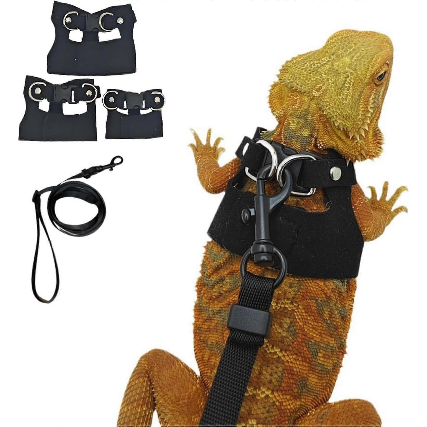 Reptile Harness for Bearded Dragons and Lizards, Adjustable Soft Leather, Black Leash for Small Pets, 3-Pack