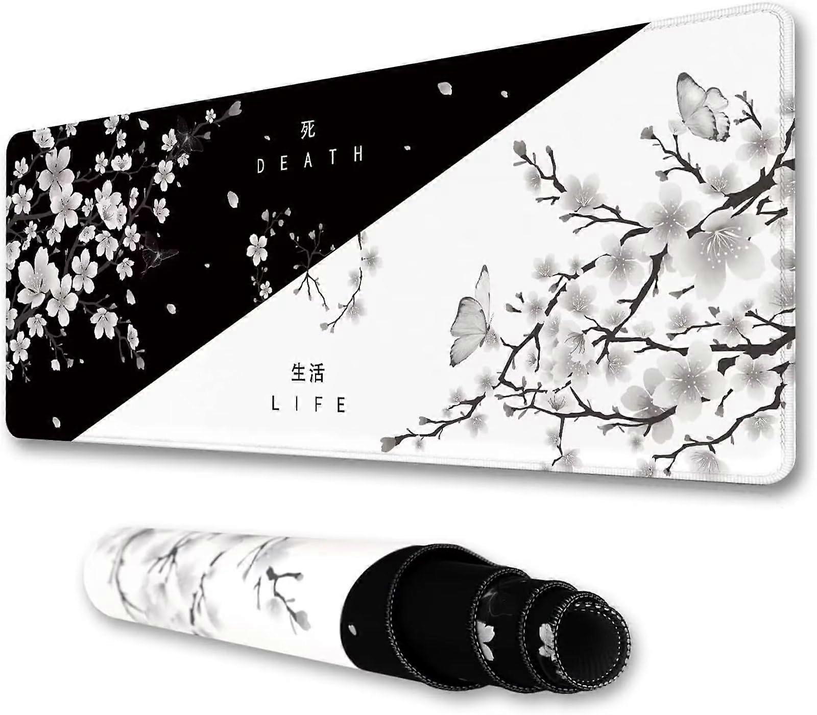 XXL Gaming Mouse Pad 1200 x 600 x 3 mm Black White Flower Design - Non-Slip Surface with Stitched Edges for Speed and Precision