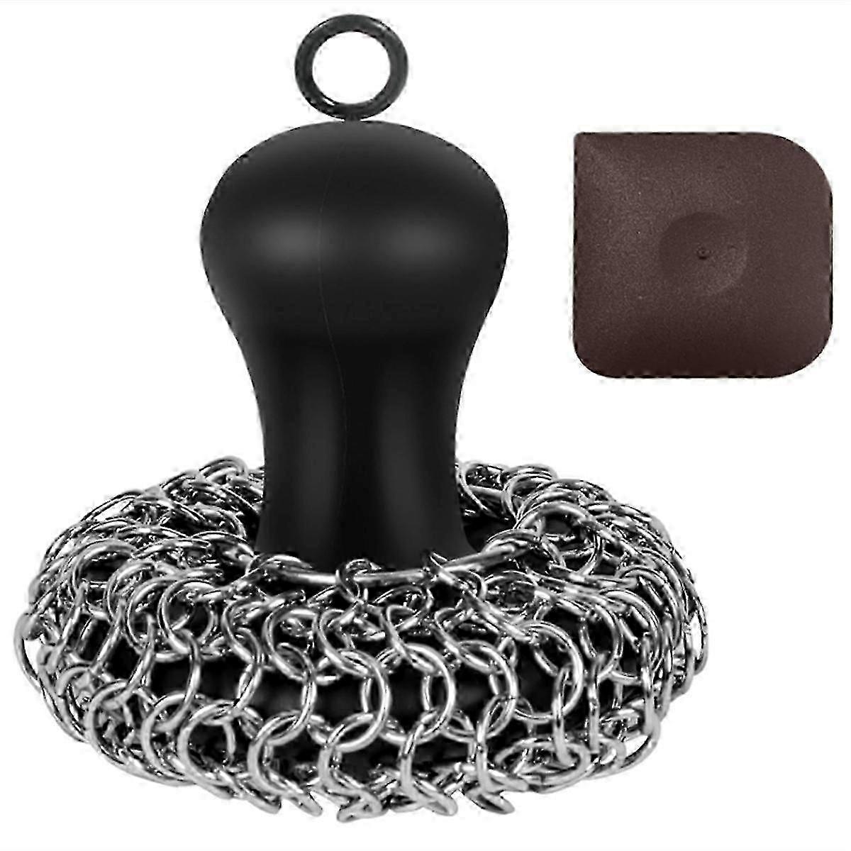 Cast Iron Cleaner Chainmail Scrubber with Upgraded Handle, 316 Chain Mail Cleaning Brush