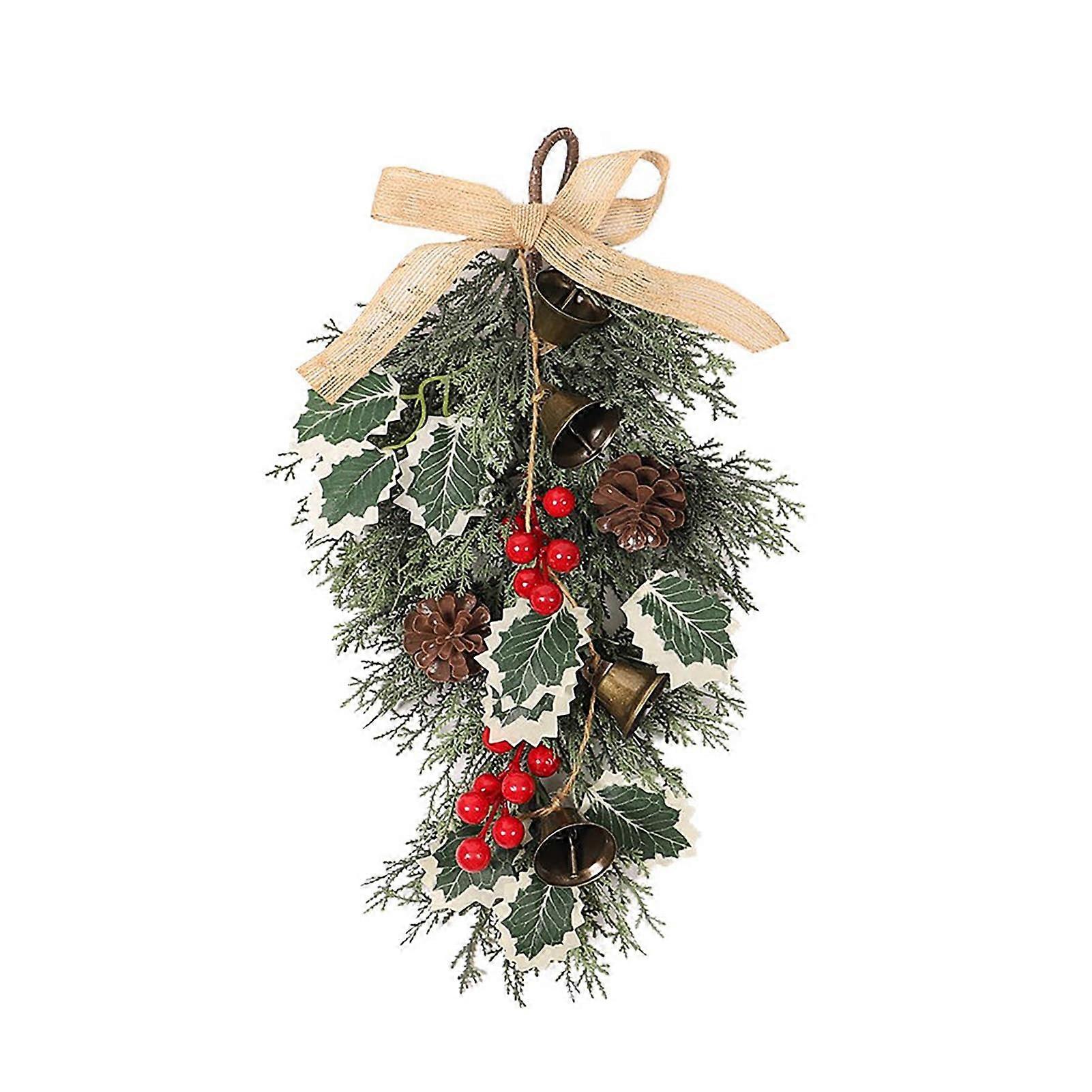 15.7 Inch Christmas Bells, Red Berries, Pine Cone Swag with Green Leaves and Bow
