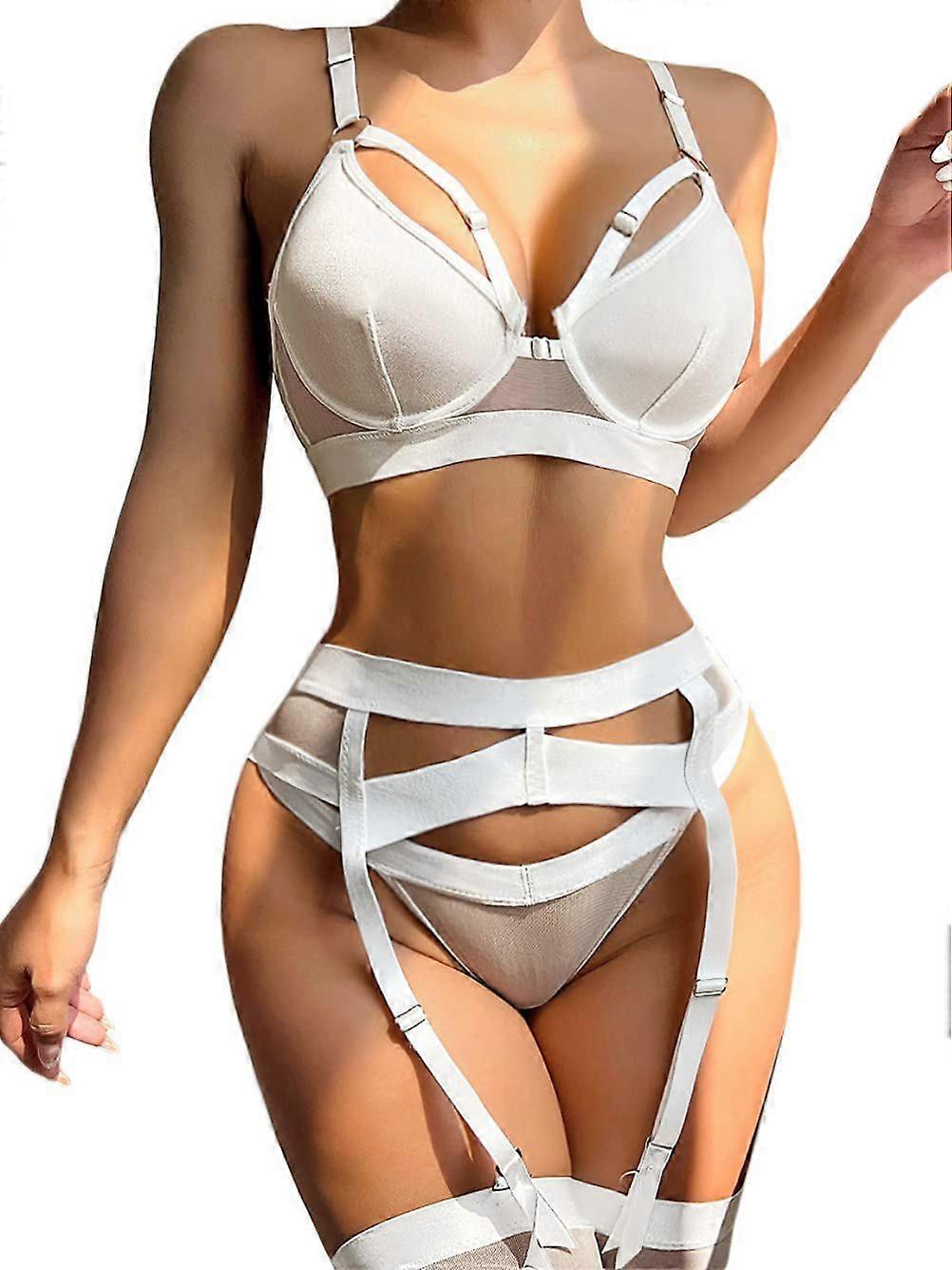 Harisnyakötő fehérnemű nőknek, szexi csipke fehérnemű, áttetsző hozzáillő 4 darabos fehérnemű készlet fehér _a