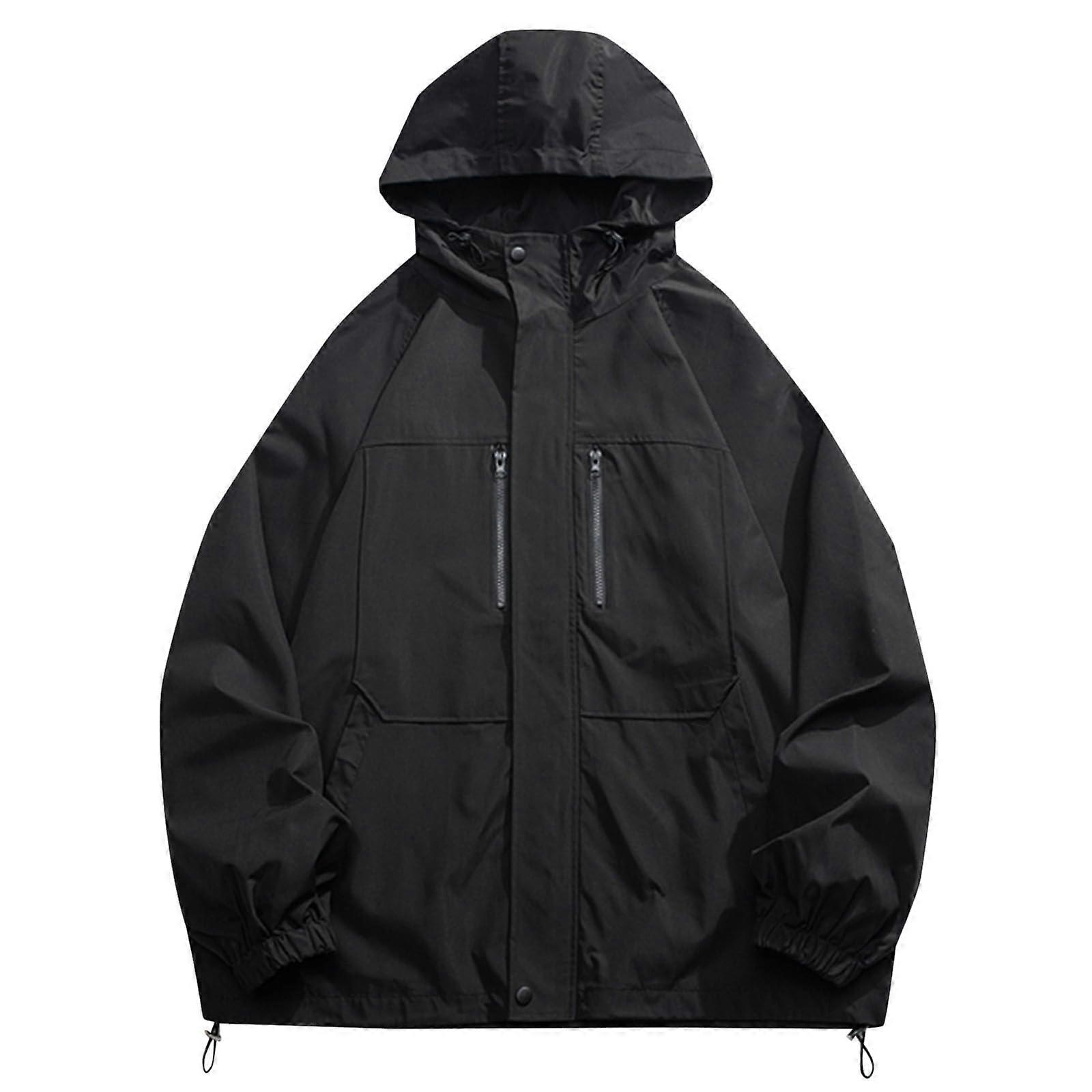 Men's Wind Jacket 4XL with Hood, Lightweight Fleece Denim Rain Jacket, Long Sleeve Henley A4 Black 4XL