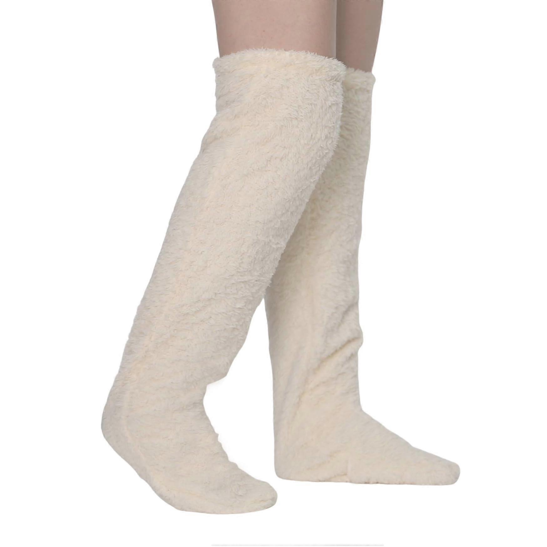 Fuzzy Dreams Leg Warmers Extra Thick Plush Slipper Stockings Above Knee High Fluffy Socks for Women in White One Size