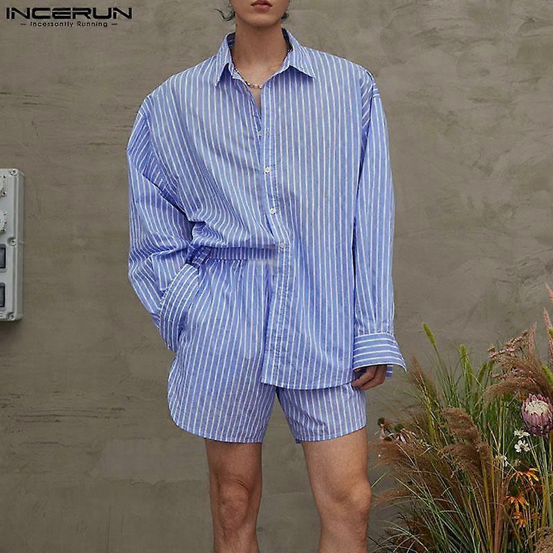 INCERUN Herren Zweiteiler Revers Ausschnitt Langarm Hemden Shorts Casual Gestreifte Sets
