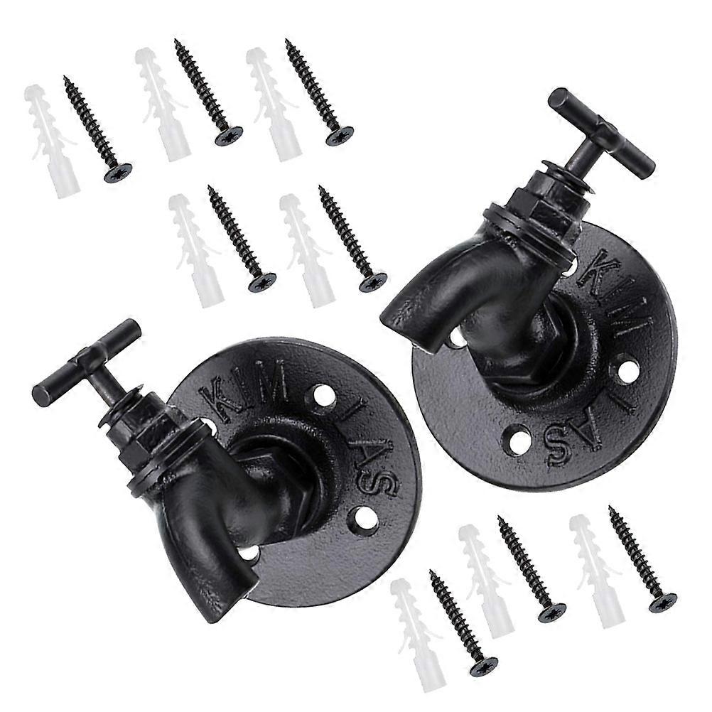 Black Iron Decorative Hooks for Storage Sturdy and with Oldfashioned Faucet Shape 2Pcs