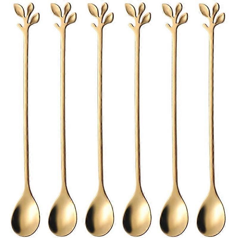 Long Handle Frozen Spoons Creative Kit Golden Leaf Cocktail Spoons for Mixing, Premium Food Grade Stainless Steel, Mirror Finish