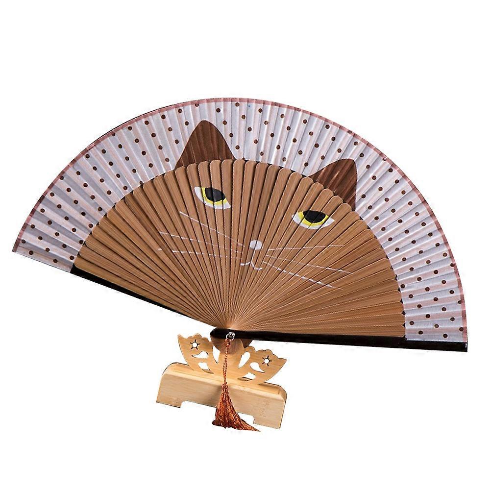Handheld Cartoon Cat Pattern Fan Foldable For Stage Performance Women Brown Portable Use 1Set