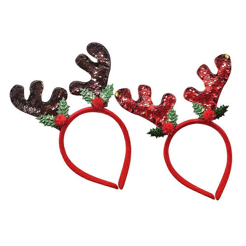2Pcs Reindeer Headband Party Accessory Christmas Theme For Kids And Adults Elk Antler Shape Red Brown