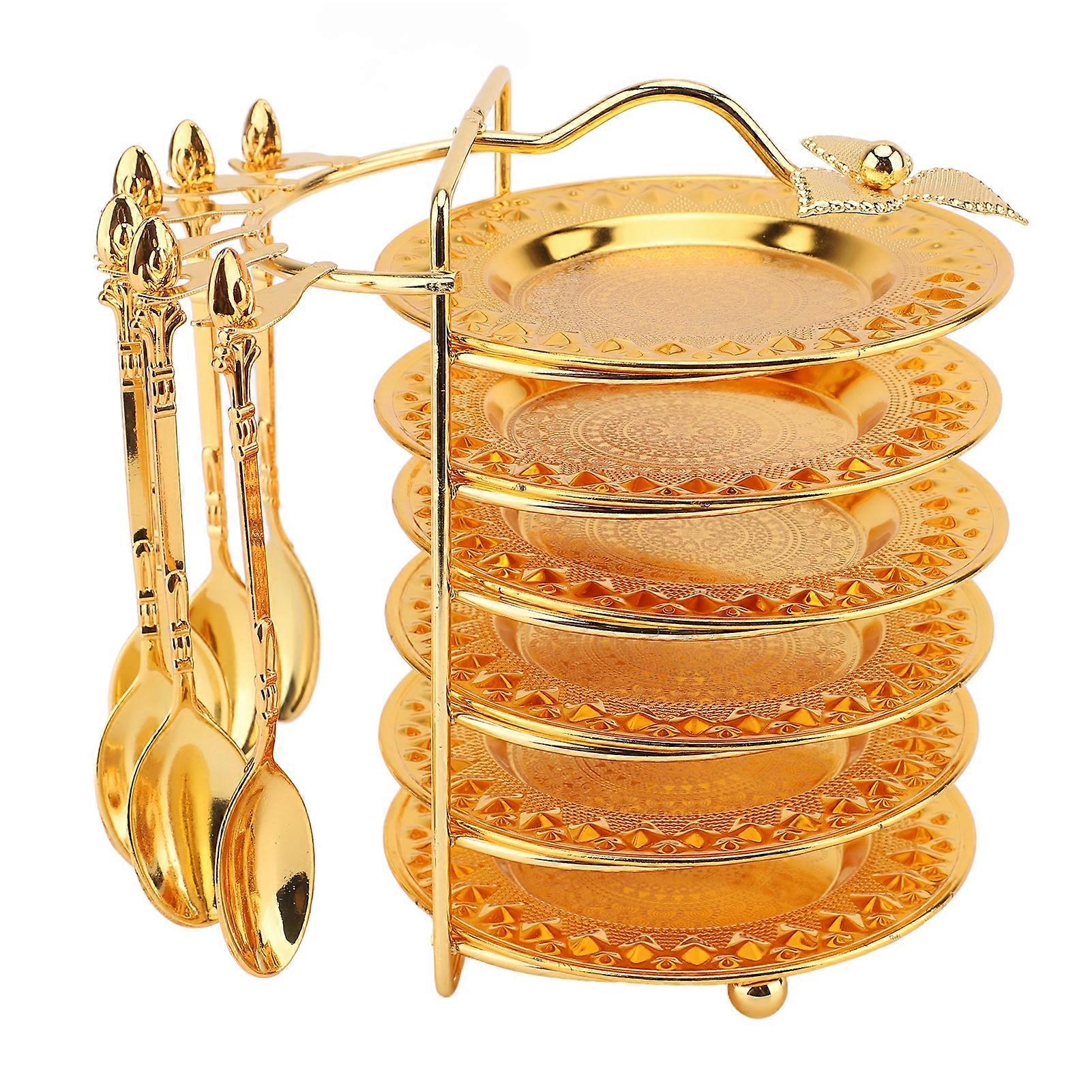 Plate Spoon Set with Storage Rack 6 Trays and 6 Spoons European Style Metal Utensil Kit for Steaks Fruits Snacks Cakes