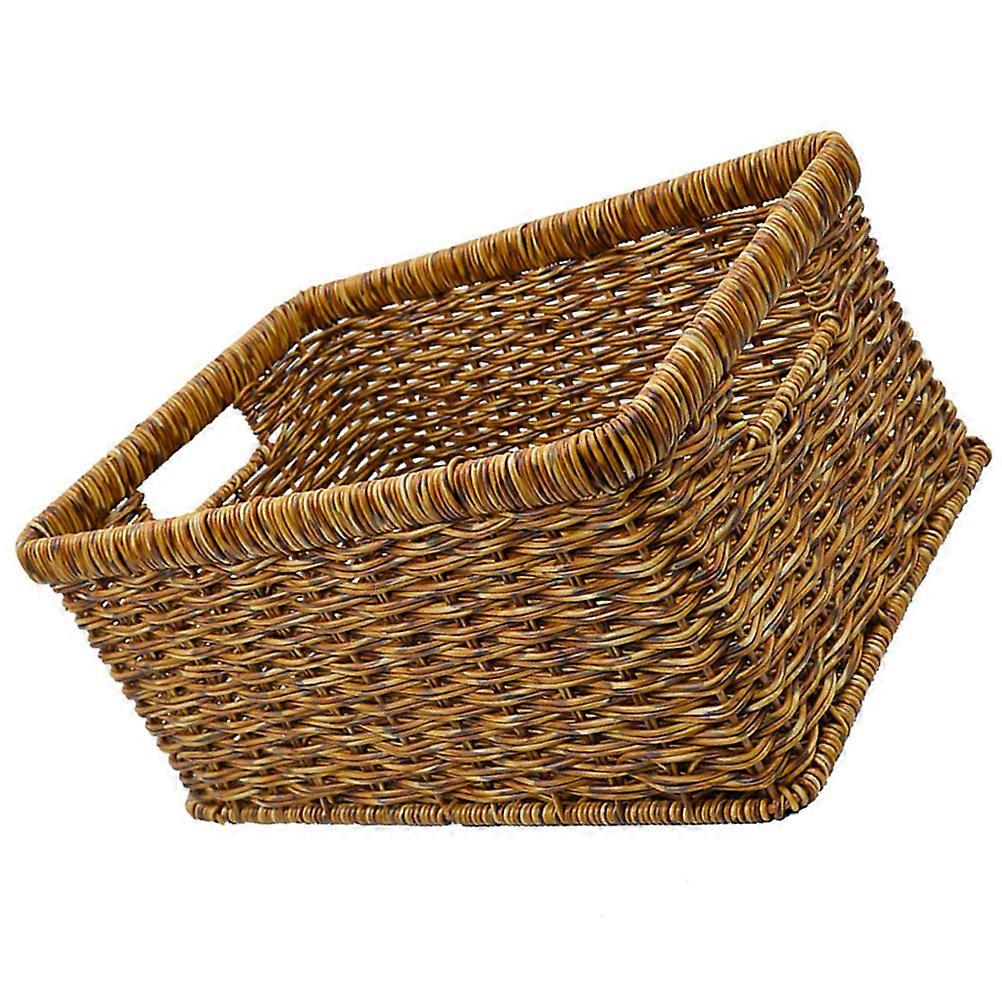 Desktop Woven Storage Basket Organization Helper Hollow Handle Brown Pp for 1Set