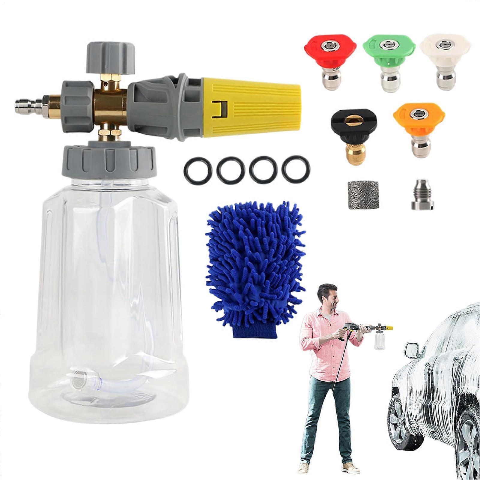 Water Hose Foam Cannon  Adjustable Snow Foam Sprayer  Transparent 1Liter Soap Bottle, Adjustable Nozzle with 1/4 Inch Connection for Boats
