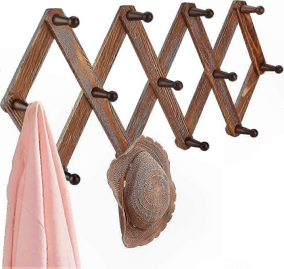 Adjustable Wooden Wall Rack with 13 Hooks for Hats, Coats, and More - Expandable ion Design for Versatile Storage Solutions