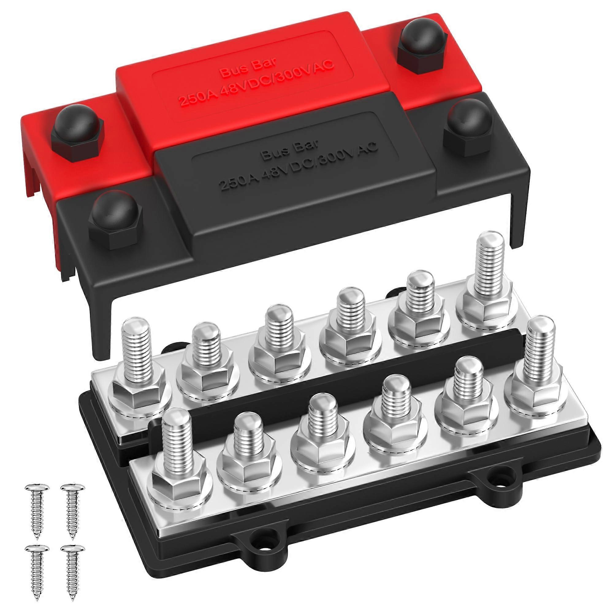 Dual Row Bus Bar 12V 250A Power Distribution Block 12 X 5/16 Inch Terminal Stud Positive Ground Battery Bus Bar