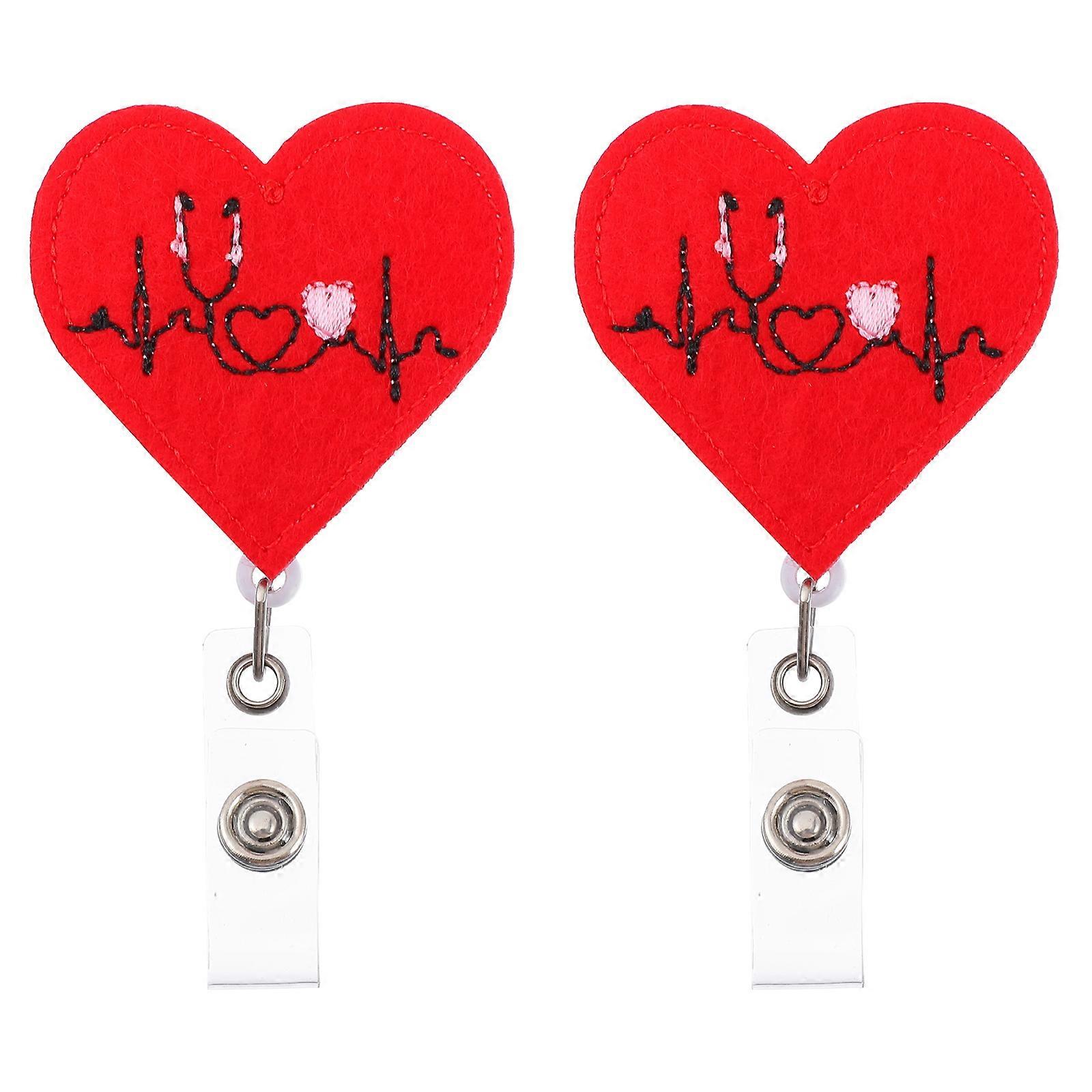 Red Heart Nurse Badge Holder Felt Retractable Badge Reel 2Pcs Decoration