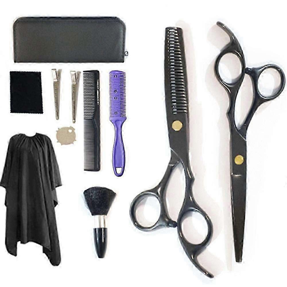 Set de coiffure 9 pièces - Ciseaux, ciseaux à effiler, peigne, séparateurs de cheveux, noir