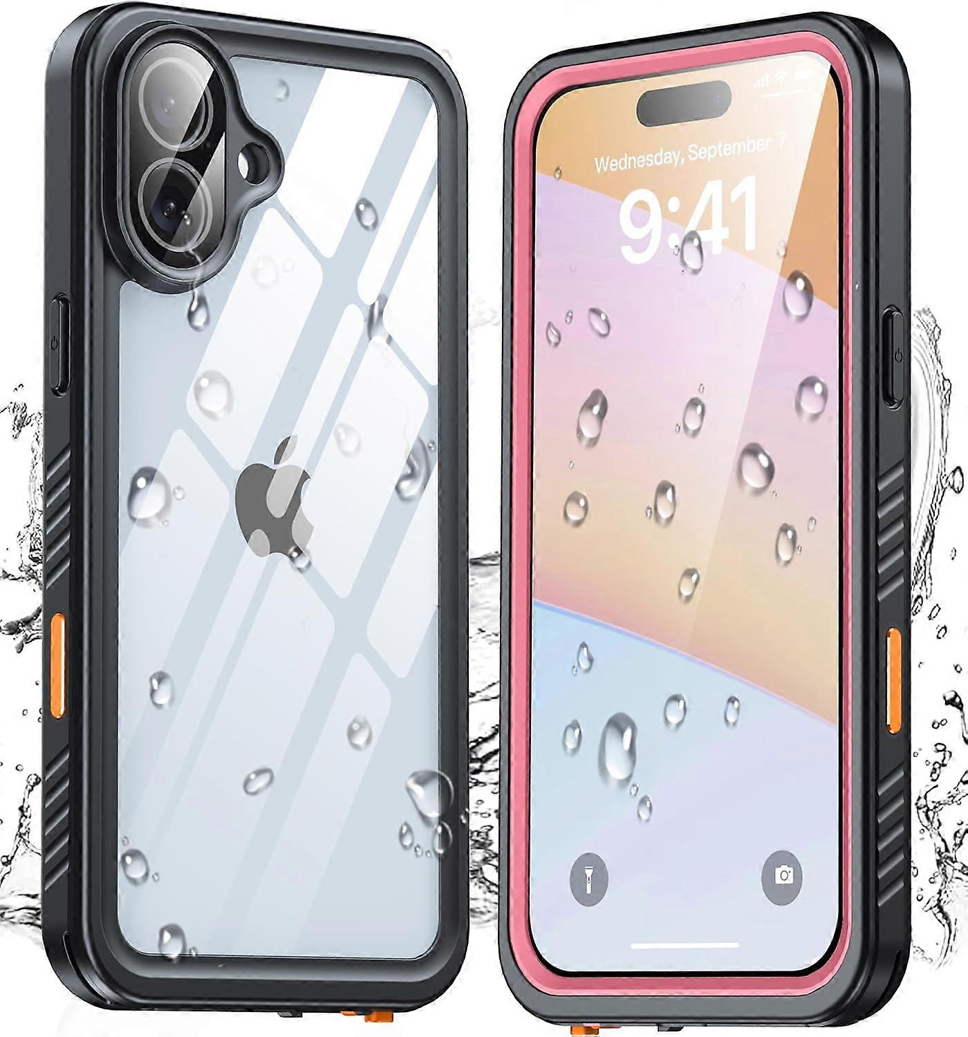 Compatible with iPhone 16 Plus Case, IP68 Waterproof, 12FT Drop Proof, Full Body Shockproof, Built-in Screen Protector - Pink/Clear
