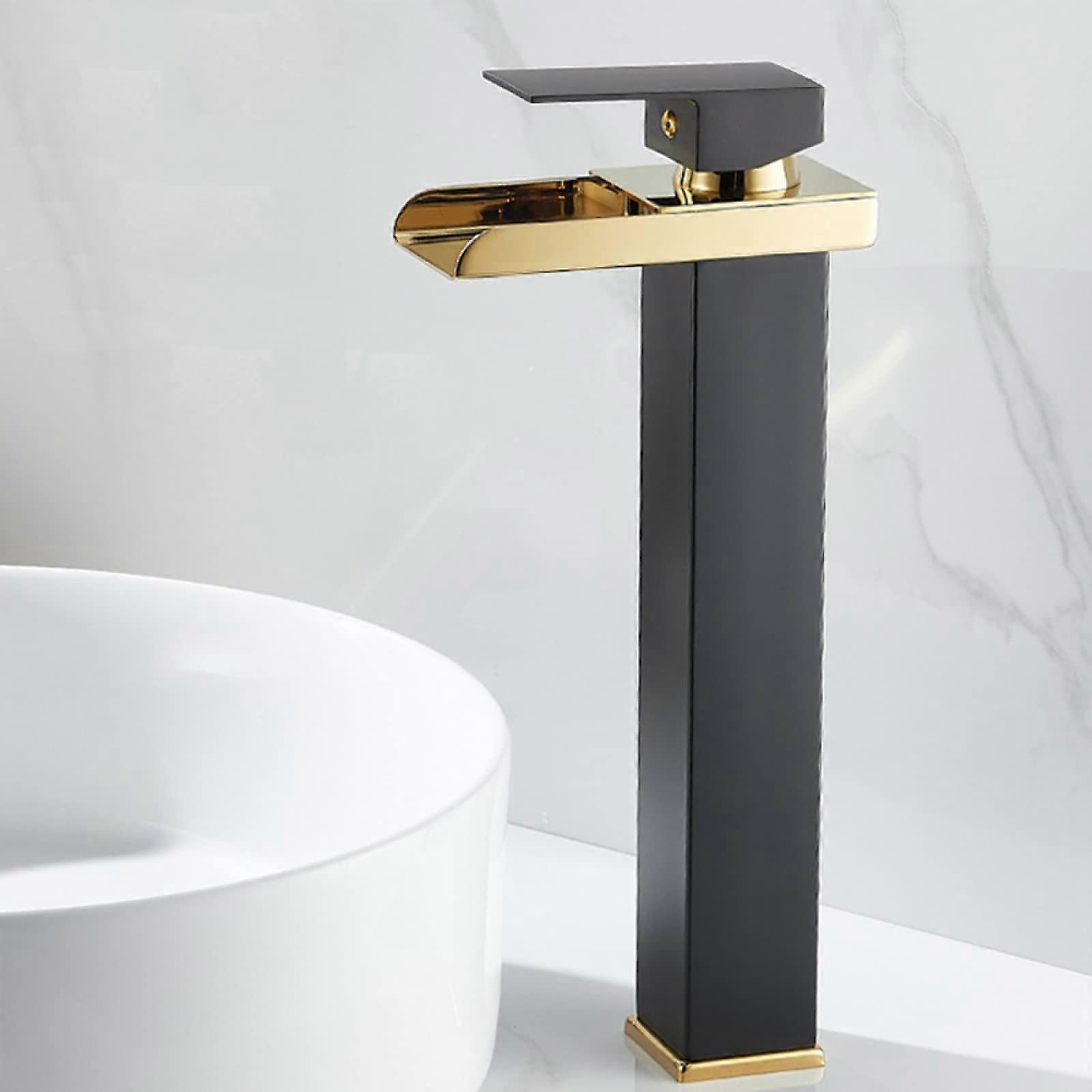 Waterfall Lavatory Faucet For Basin Stainless Steel With Waterfall Spout, SingleHandle Hot And Cold, Black Gold Finish