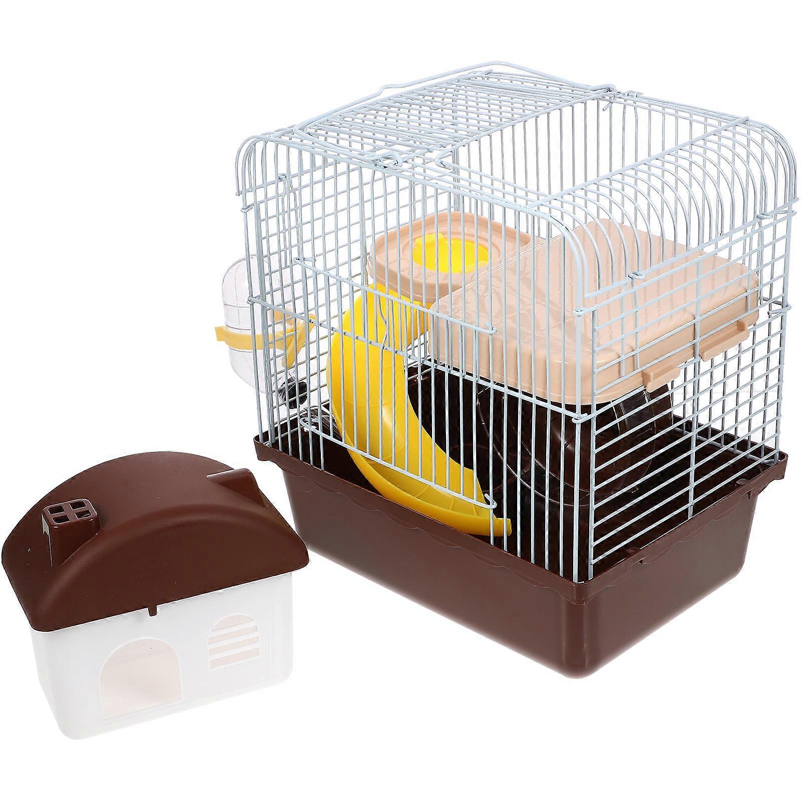 Multifunctional Double Layer Hamster Cage Pet House Brown 30.00X24.00X17.00CM Slide Design Running Wheel Included 1Set
