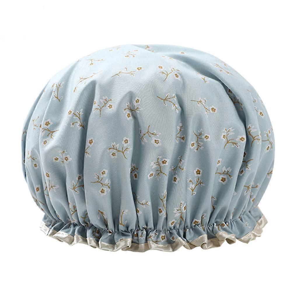 Shower Cap Double Layer Waterproof Flower Pattern For Women Blue Elastic Bath Cap