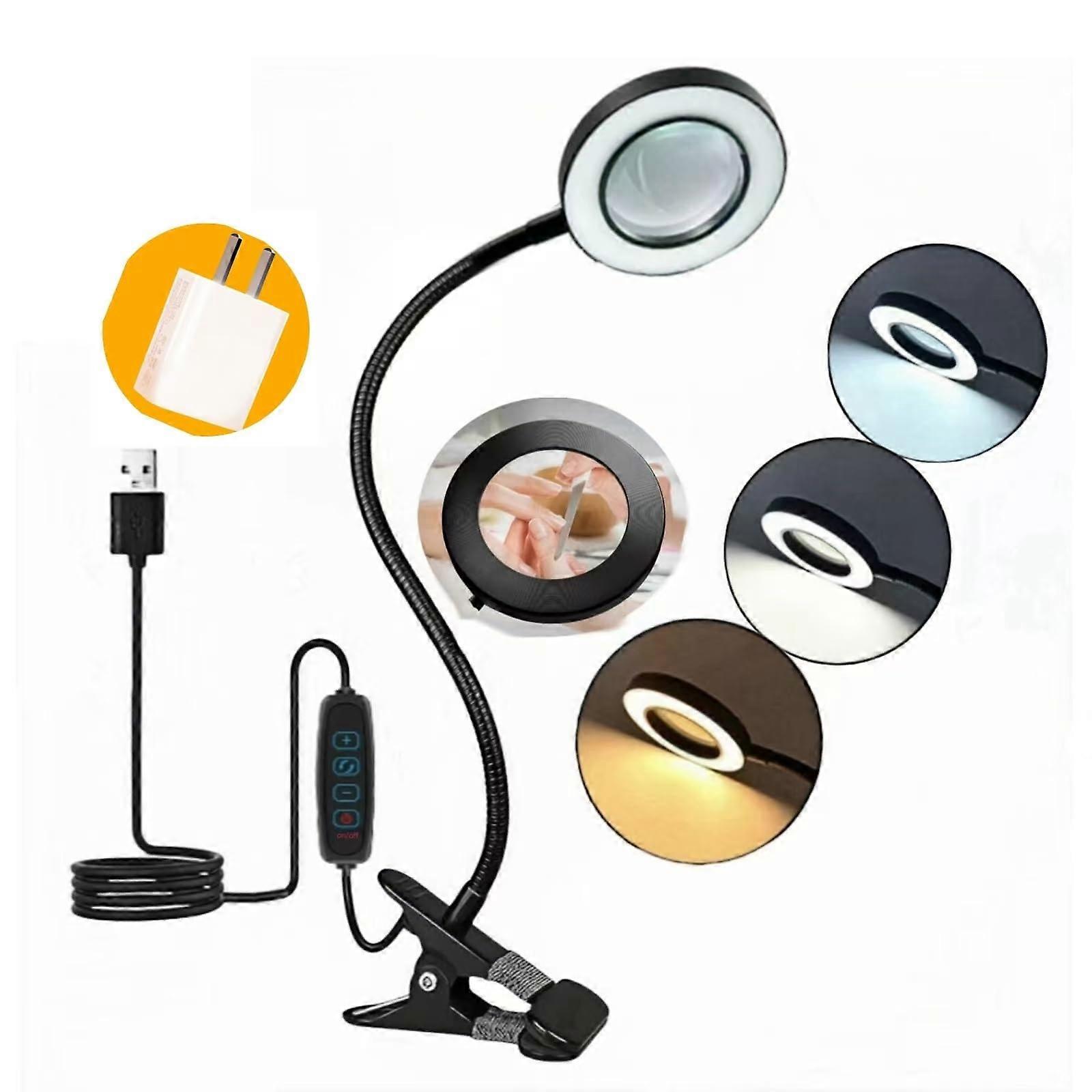 Reading Lamps Clip On Desk Lamp with Adjustable Lighted Magnifying Glass Stand Portable Eye LED Light 3 Color Dimmable Black