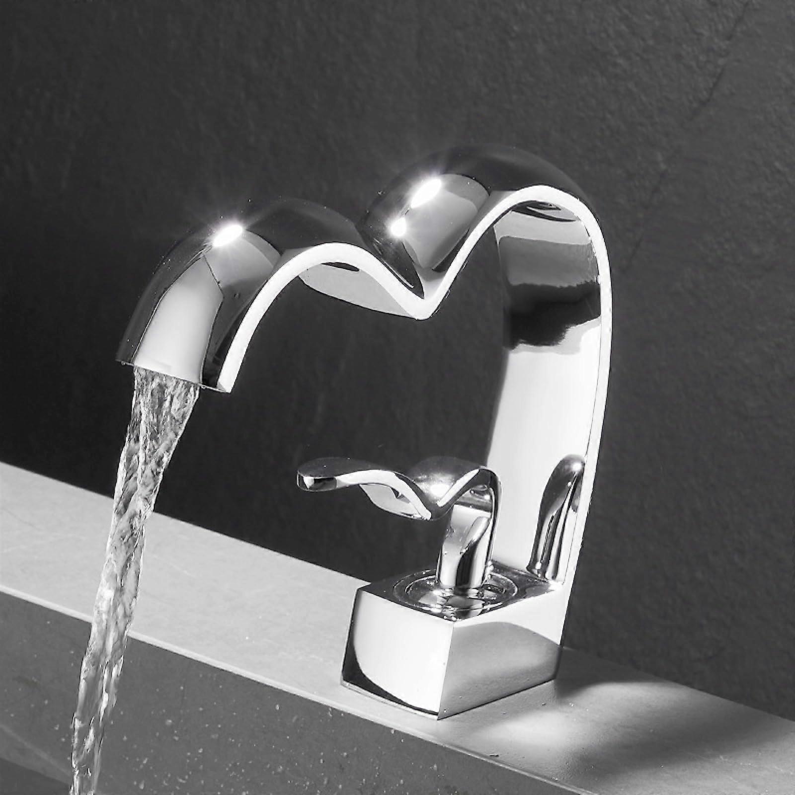 Washbasin Faucets Hot and Cold Waterfall Design, All Copper Brushed Silver Finish for Basin Sinks