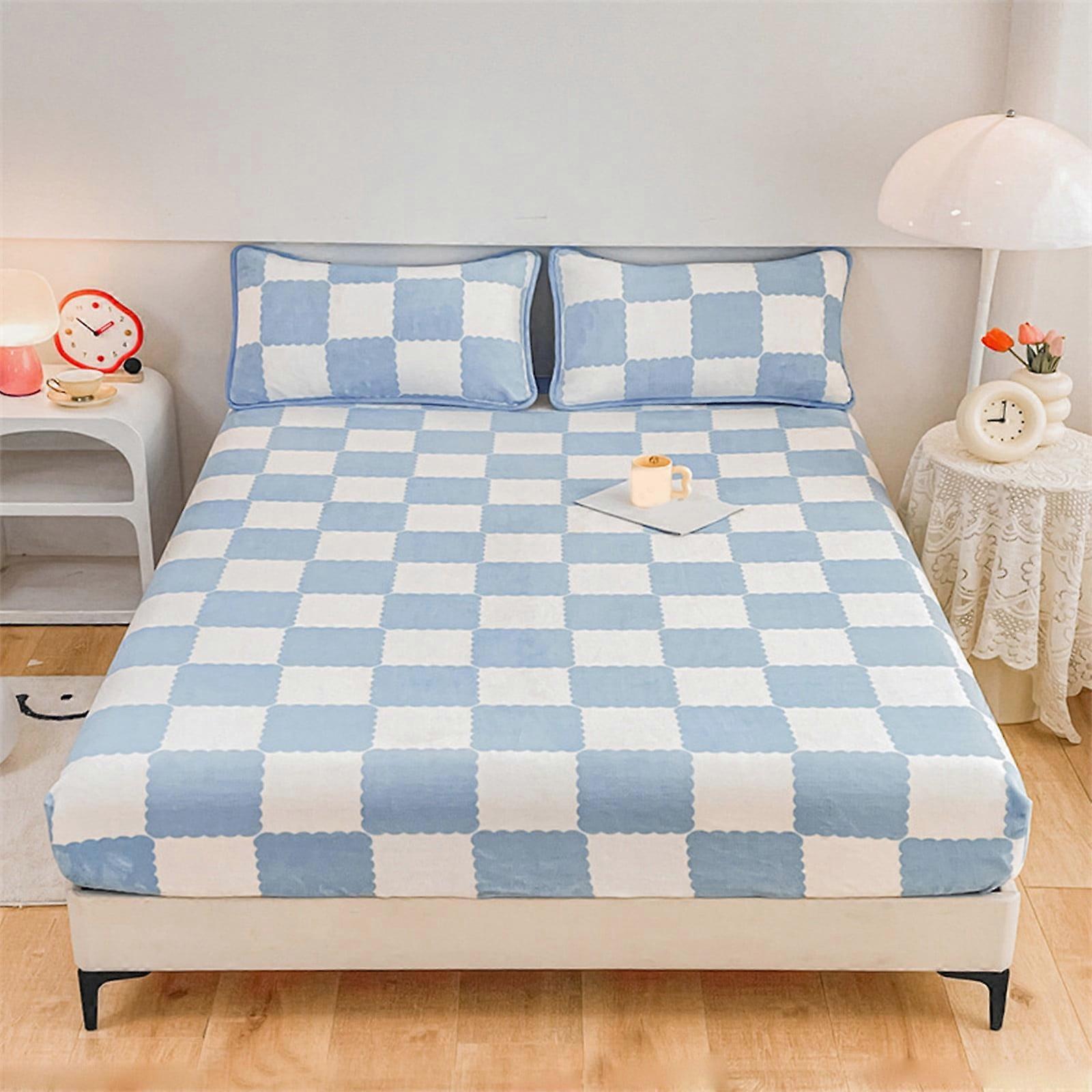 Lksixu Velvet Fitted Sheets Queen Size, Ultra Soft Flannel Plaid Design Plush Bed Sheet with Deep Pocket & Non-Pilling Warmth