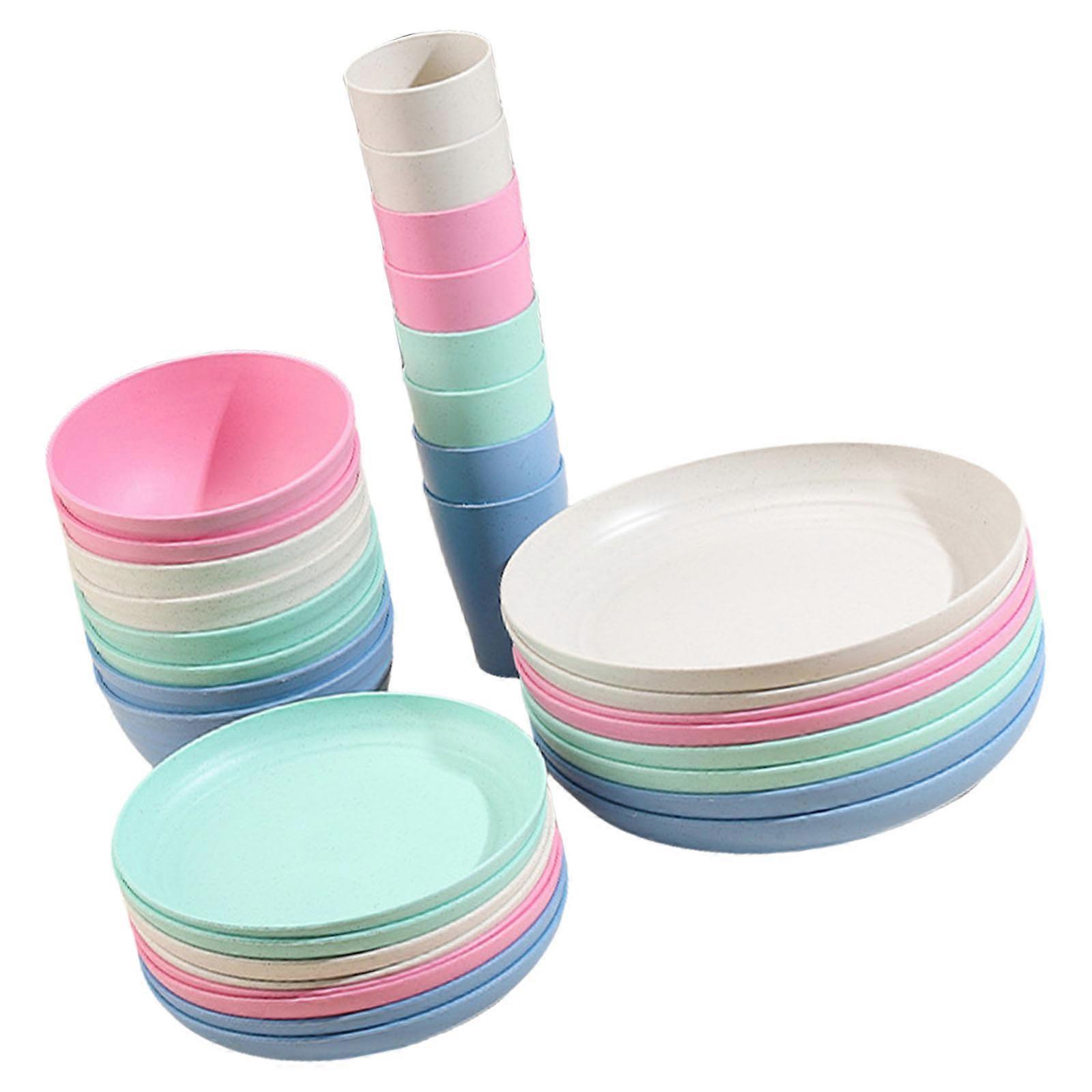 Reusable Wheat Straw Bowls Cups and Plates Set Natural Fiber Tableware For Soup Noodles Rice Kitchenware 24/32pcs Multicolor