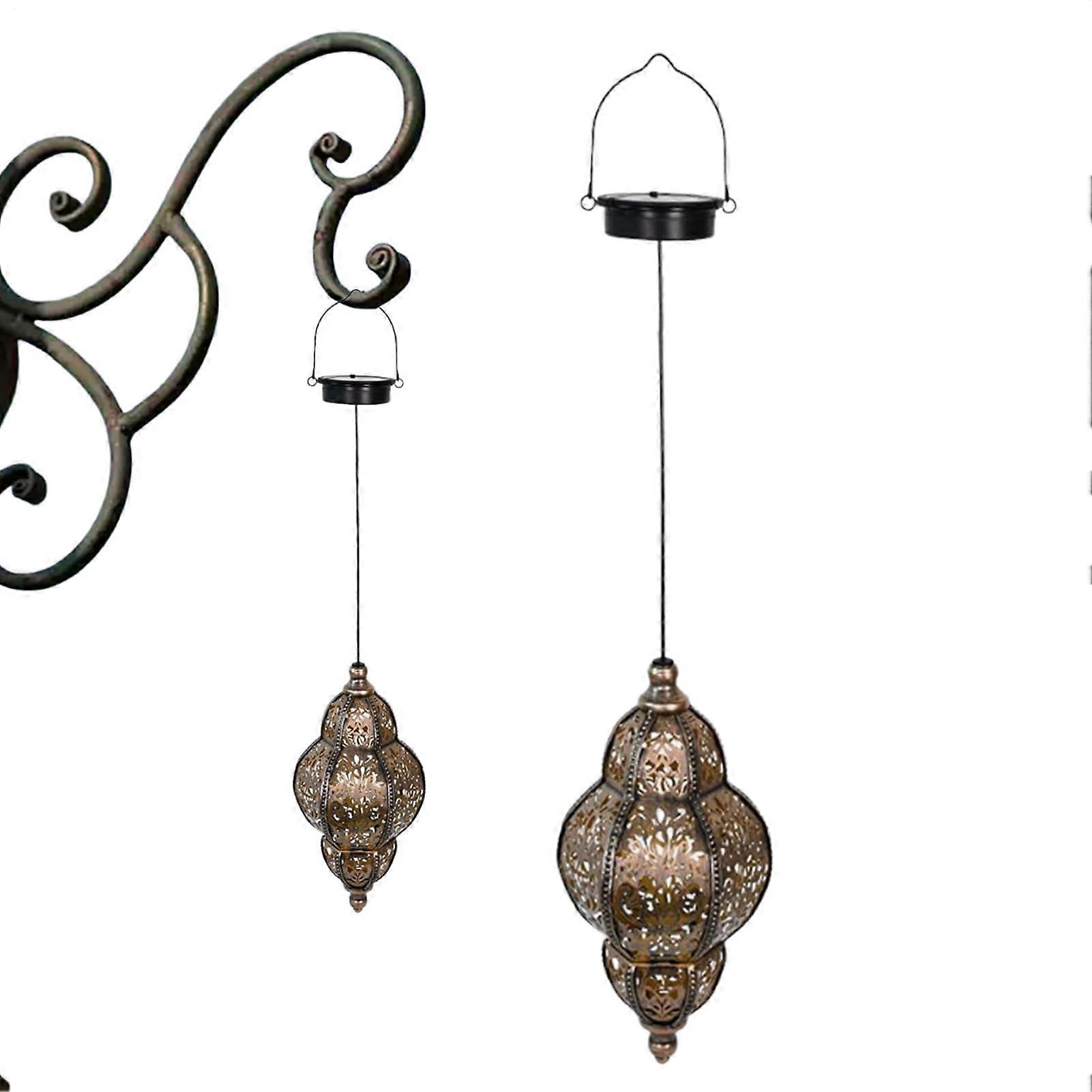 Solar Powered Moroccan Outdoor Lanterns LED Hanging Waterproof WroughtIron Lamp With Hook For Circular Patio Pathway