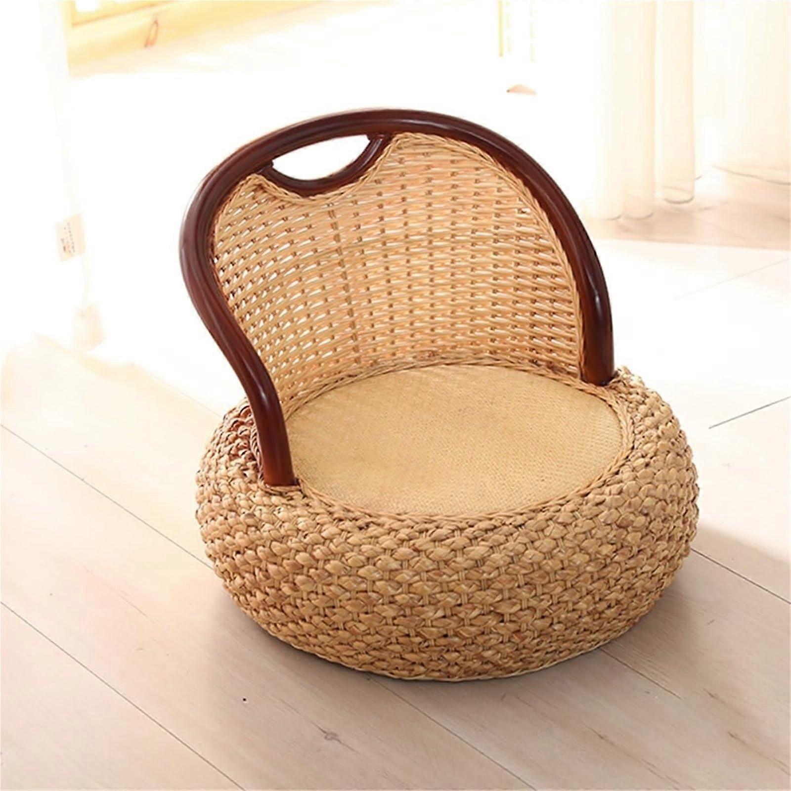 Floor Chair with Backrest Rustic Low Seating Round Ottoman Footstool for Living Room Space Saver 40CM MultiColored