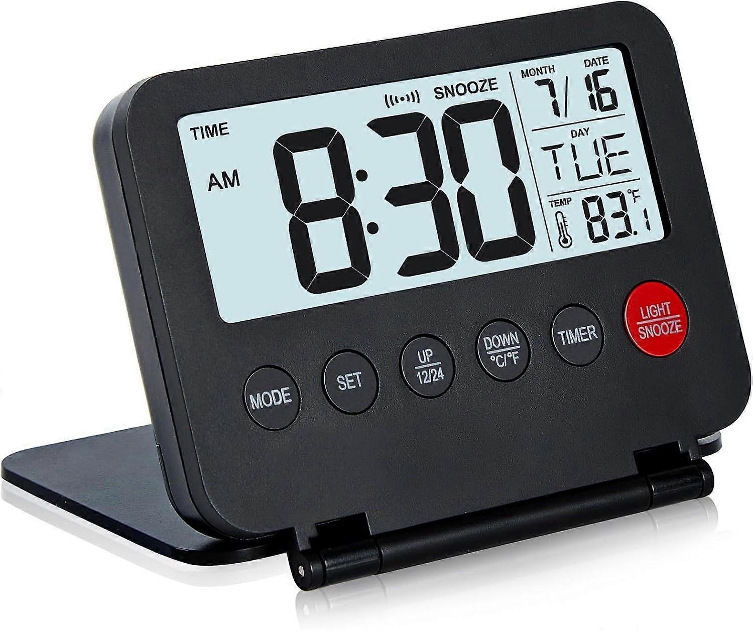 Small Digital Travel Alarm Clock, Large LCD Display Front Button with Date & Temperature, Snooze